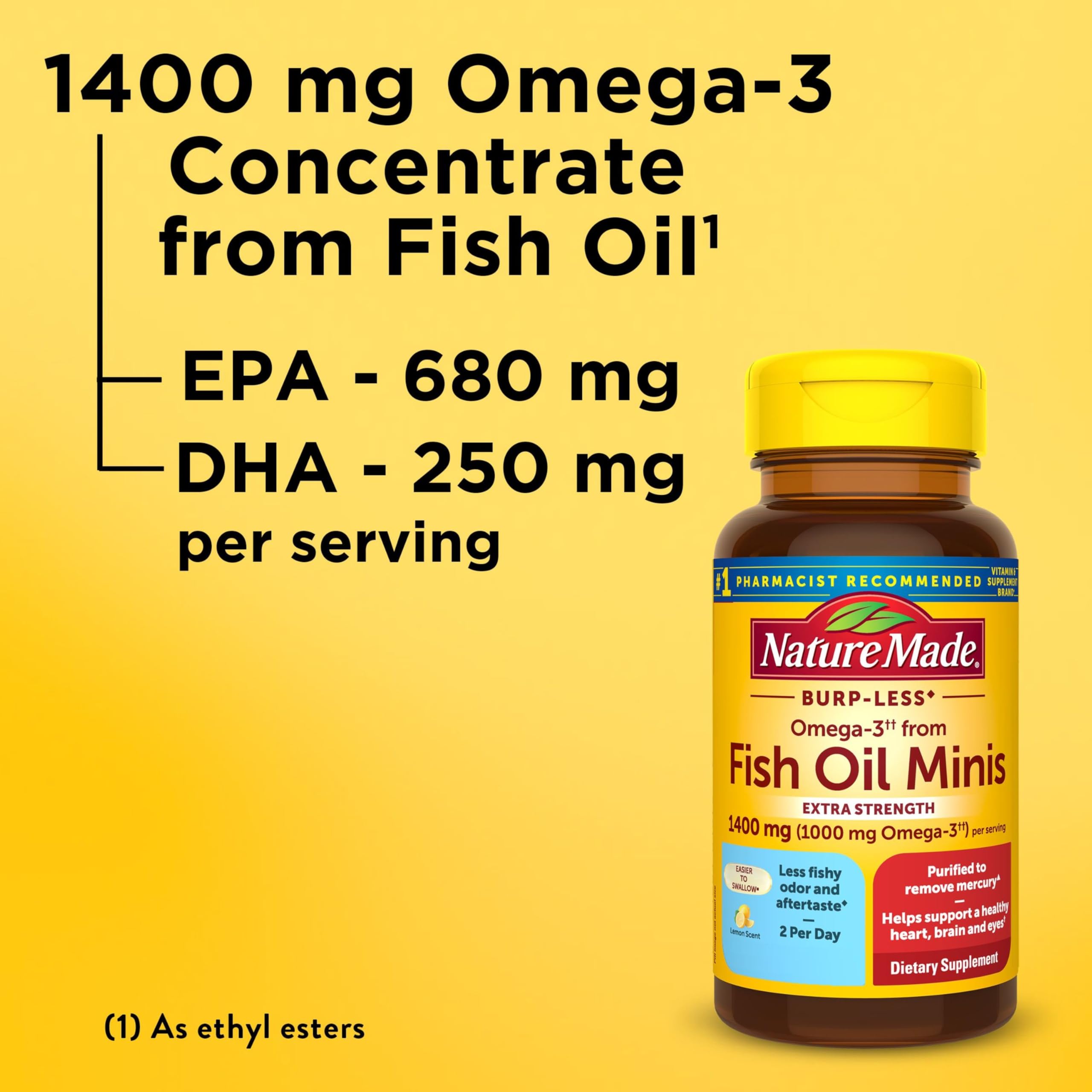Nature Made Burp Less Fish Oil Omega 3, 1400 mg Minis, 60 Softgels | Extra Strength Dosage Omega 3 Supplements, Omega 3 Fish Oil as Ethyl Esters for Healthy Heart, Brain, Eye Support, 30 Days
