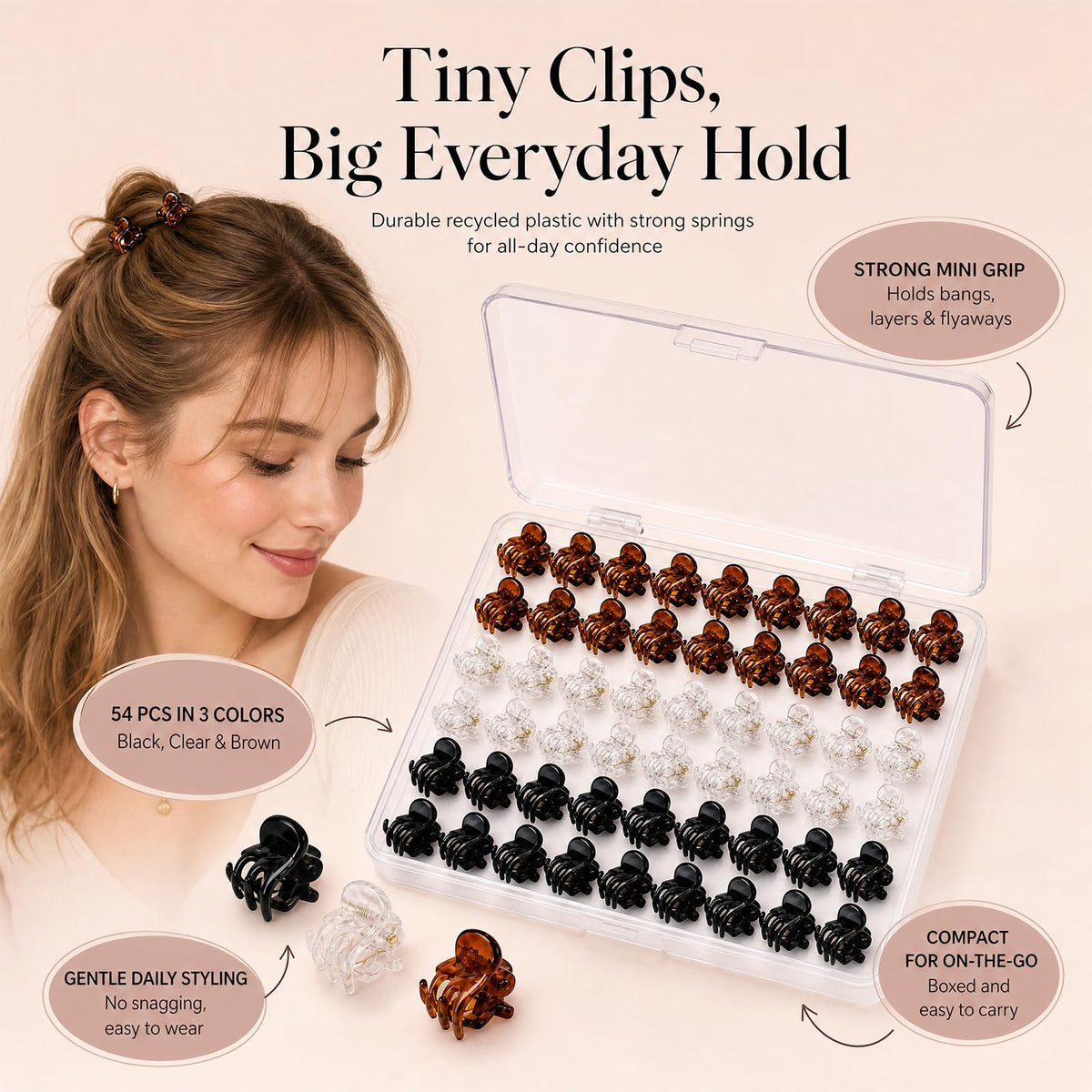 54Pcs Mini Hair Clips for Women, 0.6 in / 1.5 cm Small Claw Clips Without Snagging, Strong Grip Tiny Plastic Hair Clips for Styling Buns, Half-Up Looks, Bangs(Black,Clear,Brown)