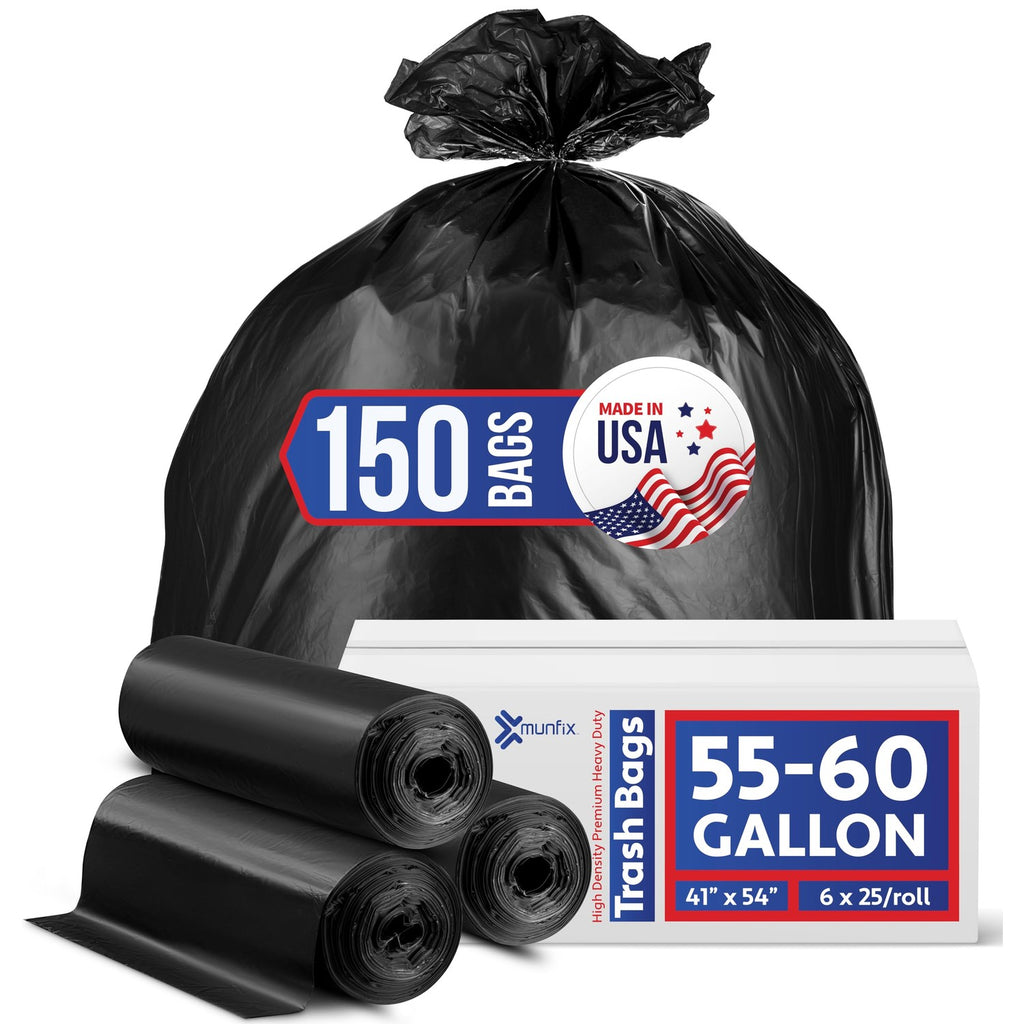 55-60 Gallon Trash Bags Heavy Duty, Bulk 150 Pack Large Black, Made in USA
