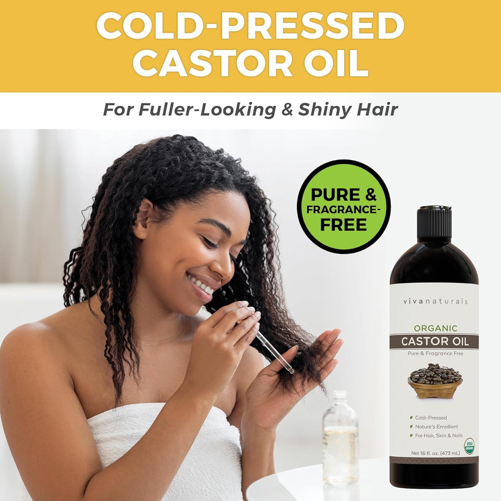 Buy now Viva Naturals Cold pressed Organic Castor Oil 16 fl oz - Castor Oil for Face, Eyelashes, Traditional Eyebrow Serum, Hair Oil - Certified Organic & Non-GMO at indiglob india