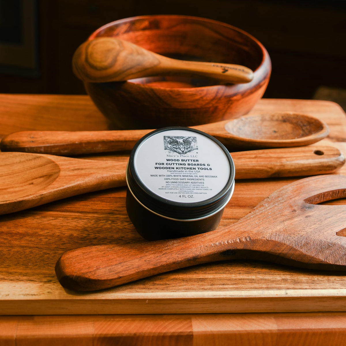 Wood Butter 4 fl oz Cutting Board Wax Conditioner for Butcher Block and Wooden Kitchen Tools. Macy;s Place Food Grade Protective Mineral Oil and Beeswax for Wooden Cutting Boards, Surfaces, and Tools.