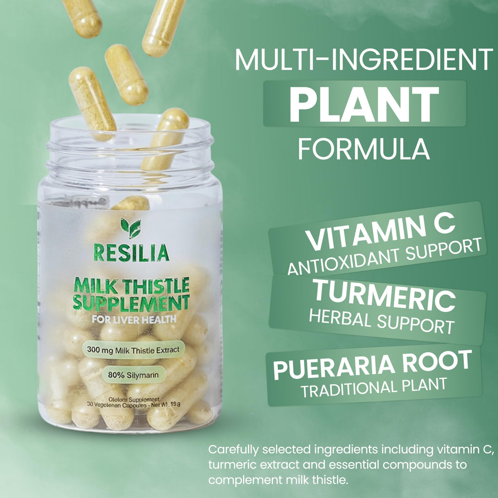 Resilia Milk Thistle Silymarin – 300 mg Supplement with Vitamin C, Inositol, Pueraria Root & Turmeric Extract, High-Absorption Antioxidant-Focused Plant Formula, 30 Vegetarian Capsules