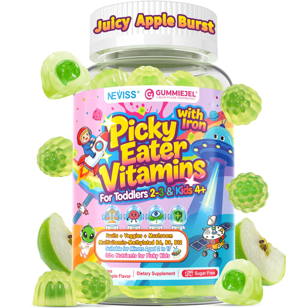 Toddlers 2-3 & Kids 4+ Picky Eater Vitamins with Iron, for Minors Aged 2-17, Children Teens Multiviamin Supergreen Filled Gummies, Methylated B6, B9,B12, Fruits + Veggies + Mushroom, Sugar Free