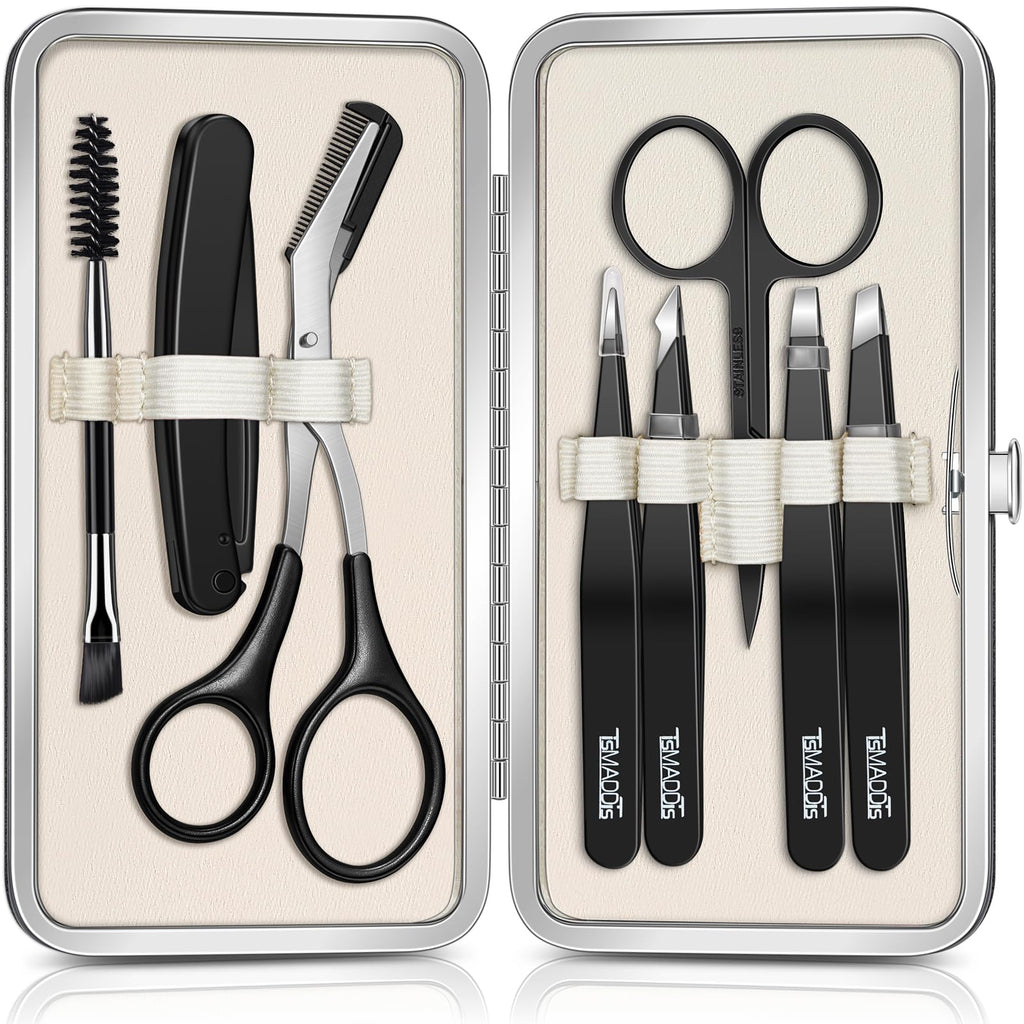 TsMADDTs Tweezers for Men, 8 in 1 Professional Eyebrow Tweezers Kit with Eyebrow Trimmer & Scissors, Razor, Brush, Skin Care Tools