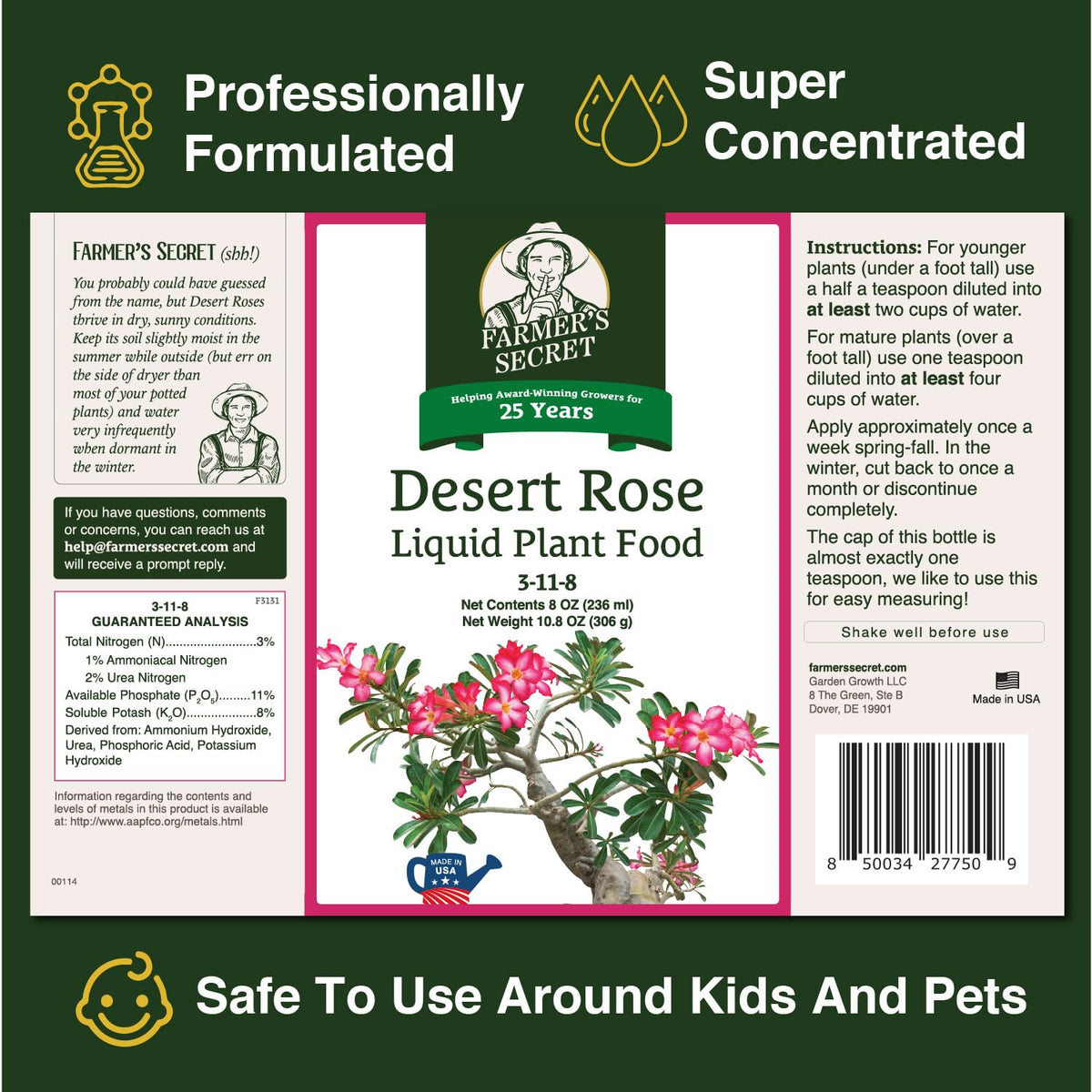 Farmer's Secret Desert Rose Liquid Plant Food Fertilizer (8oz) - Super Concentrated - Promote Flowering and Trunk Growth - 3:11:8 Ratio