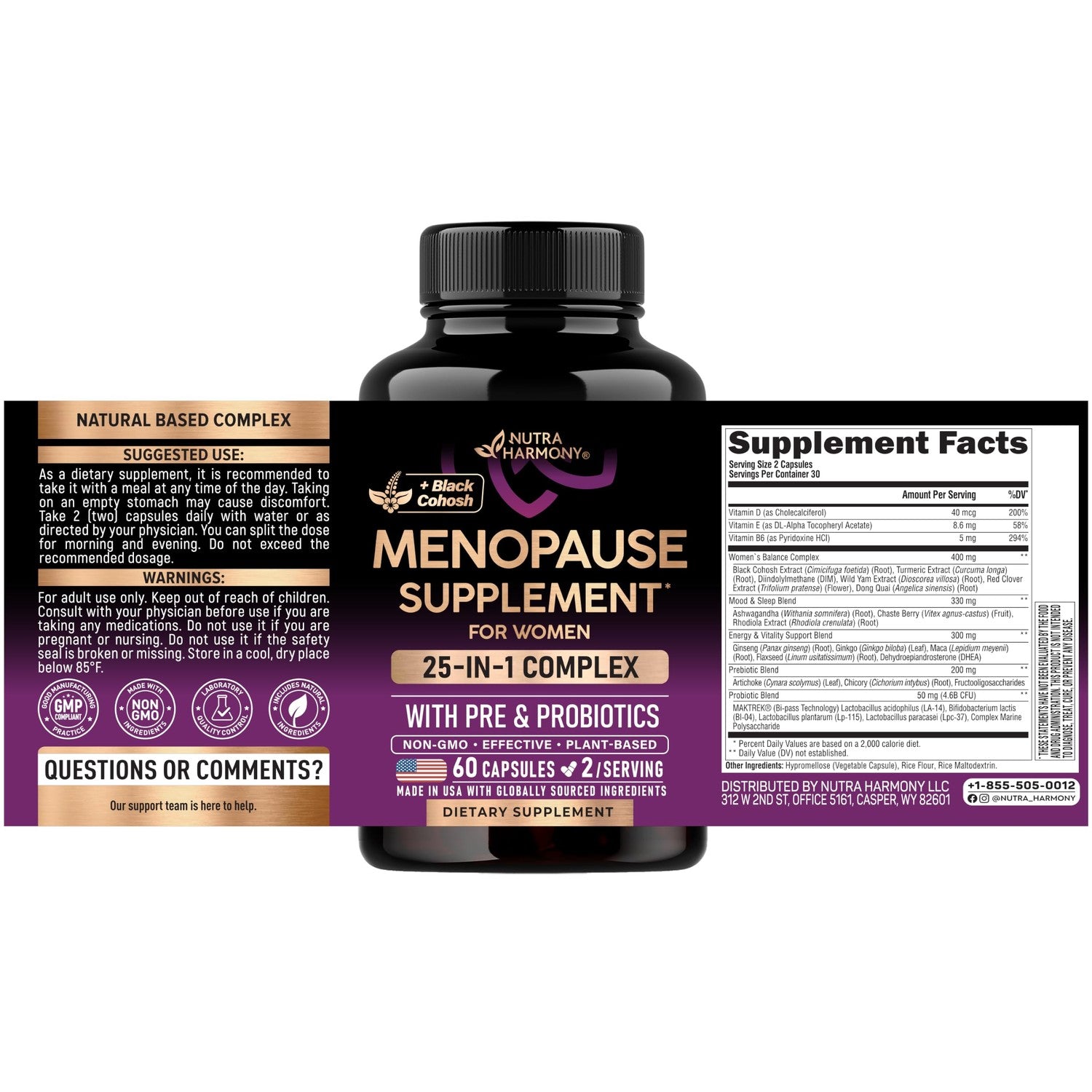 Menopause Supplements for Women - Black Cohosh, Pre & Probiotics - 60 Caps | Sweats & Hot Flashes Relief - Digestion, Sleep & Mood Support - 25in1 Complex - Dong Quai, Red Clover & Vitamins - Lab Tested