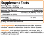 Bronson Vitamin K2 D3 (MK7) Extra Strength D3 & K2 Complex, 120 Capsules | Bone, Immune & Heart Health Support, Gluten Free, Soy Free, Non-GMO, Vitamin D3 10,000IU (250 mcg) & 120 mcg K2 MK-7