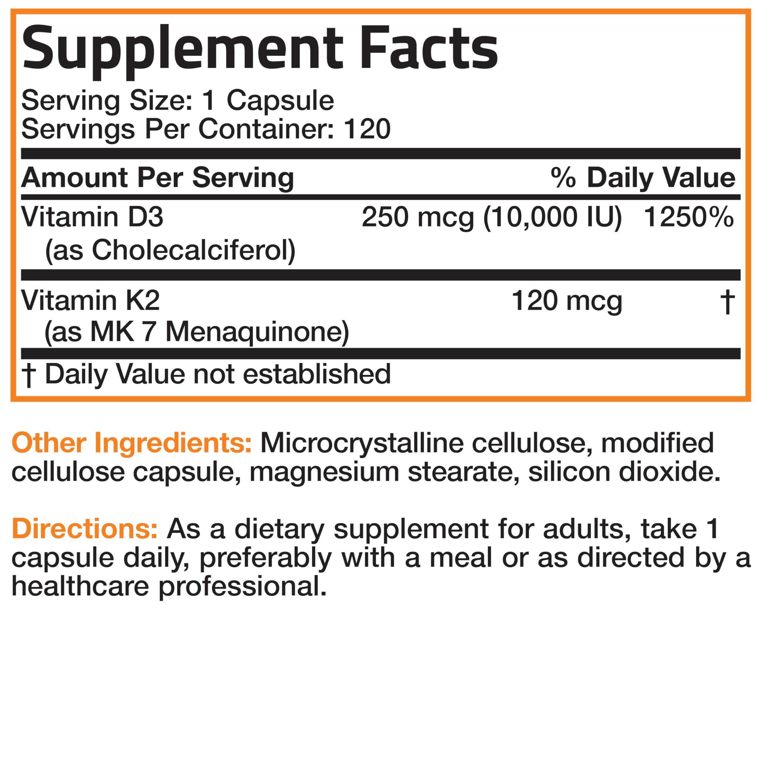 Bronson Vitamin K2 D3 (MK7) Extra Strength D3 & K2 Complex, 120 Capsules | Bone, Immune & Heart Health Support, Gluten Free, Soy Free, Non-GMO, Vitamin D3 10,000IU (250 mcg) & 120 mcg K2 MK-7