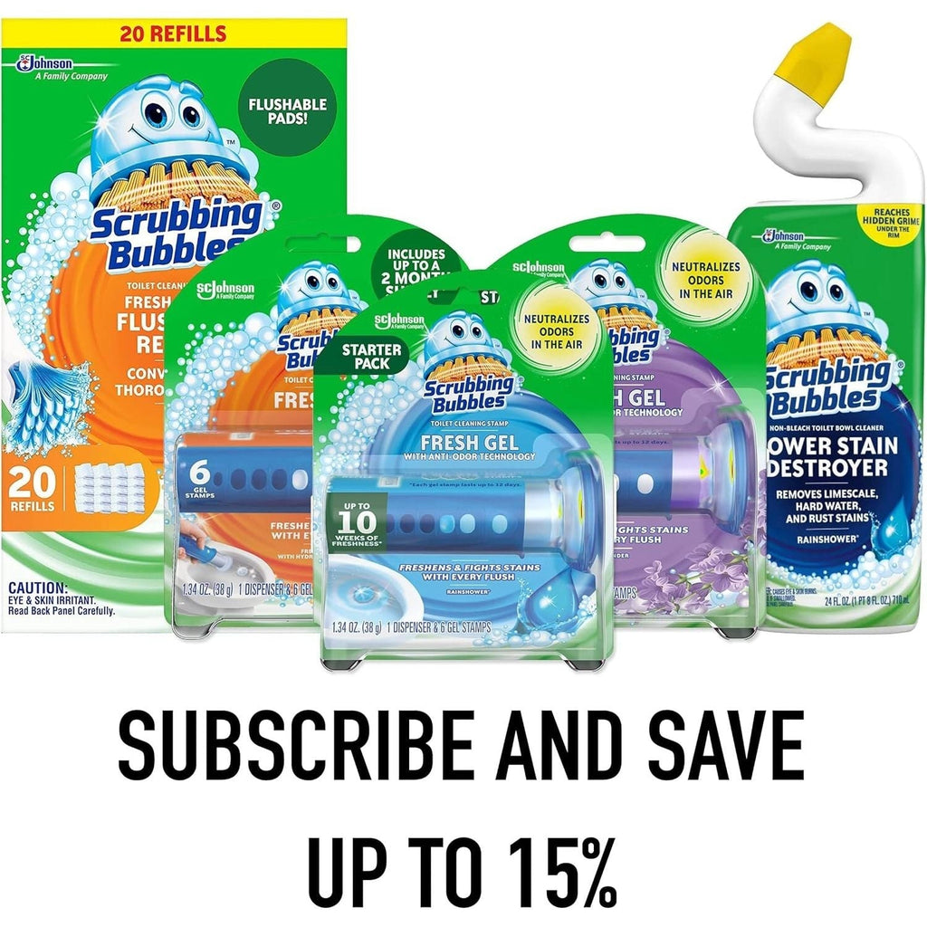 Buy now Scrubbing Bubbles Fresh Gel Toilet Bowl Cleaning Stamps, Helps Keep Toilet Clean and Helps Prevent Limescale & Rings, Rainshower Scent, 1 Dispenser with 6 Fresh Gel Stamps at indiglob india