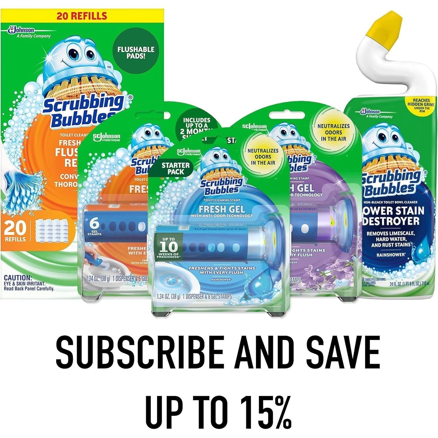 Buy now Scrubbing Bubbles Fresh Gel Toilet Bowl Cleaning Stamps, Helps Keep Toilet Clean and Helps Prevent Limescale & Rings, Rainshower Scent, 1 Dispenser with 6 Fresh Gel Stamps at indiglob india