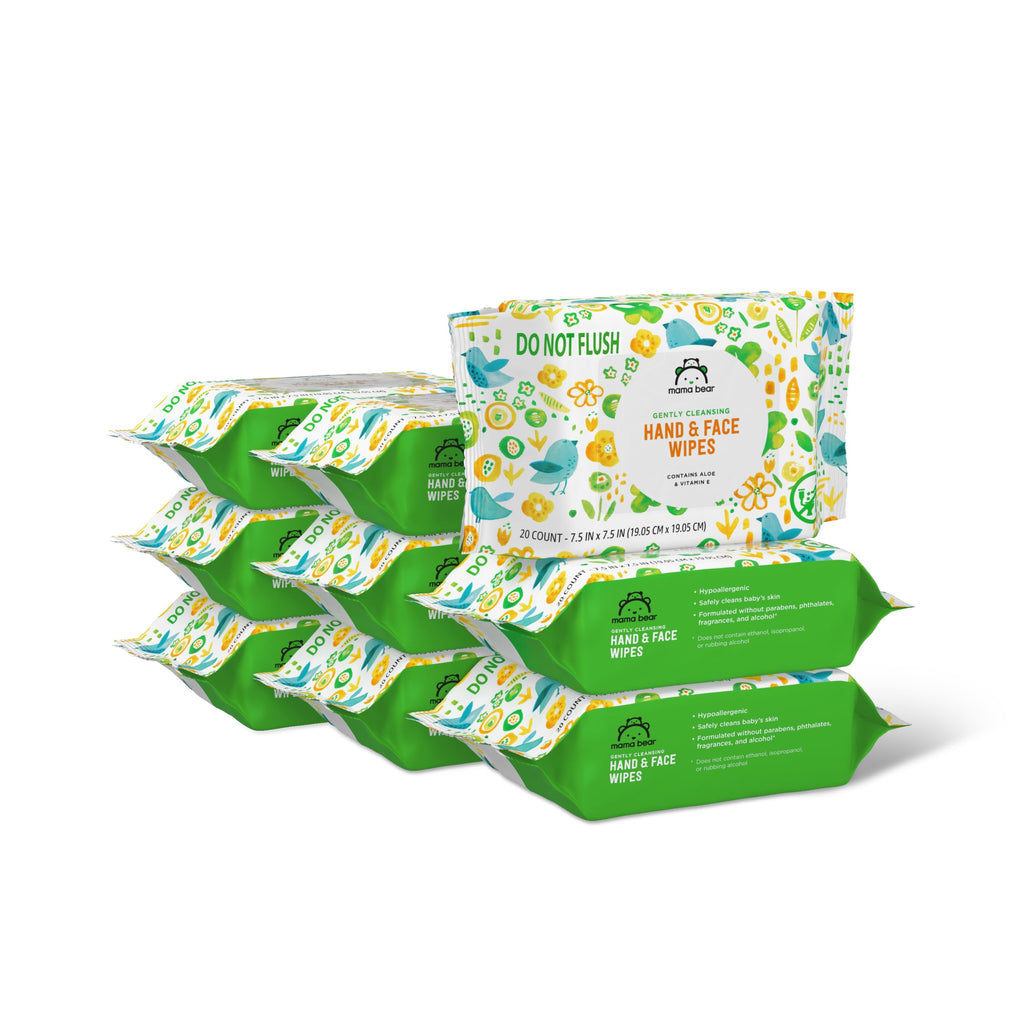 Amazon Brand - Mama Bear Baby Hand & Face Wipes, Unscented, Fragrance Free, Cleansing, Formulated without Parabens and Phthalates, 180 Count (9 Packs of 20)