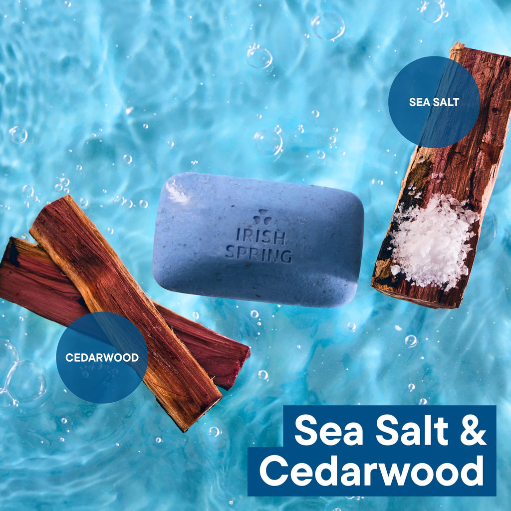 Irish Spring 3-in-1 Men’s Bar Soap Sea Salt & Cedarwood, Exfoliating Deep Clean Body Soap Bar and Face Cleanser, 3.7 oz Soap Bars, 24 Pack