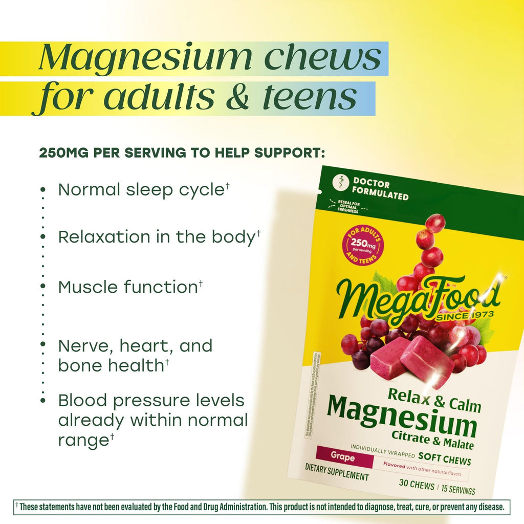 MegaFood Relax + Calm Magnesium Complex, Grape, 30 Soft Chews | Doctor Formulated, Magnesium Citrate & Malate for Heart Health & Muscle Tension, Teens 14+ & Adults, Vegetarian, 15 Servings