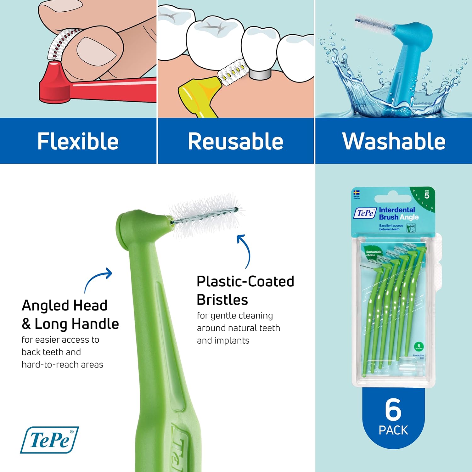 Buy now TEPE Interdental Brush Angle, Angled Dental Brush for Teeth Cleaning, Pack of 6, 0.8 mm, Large Gaps, Green, Size 5 at indiglob india