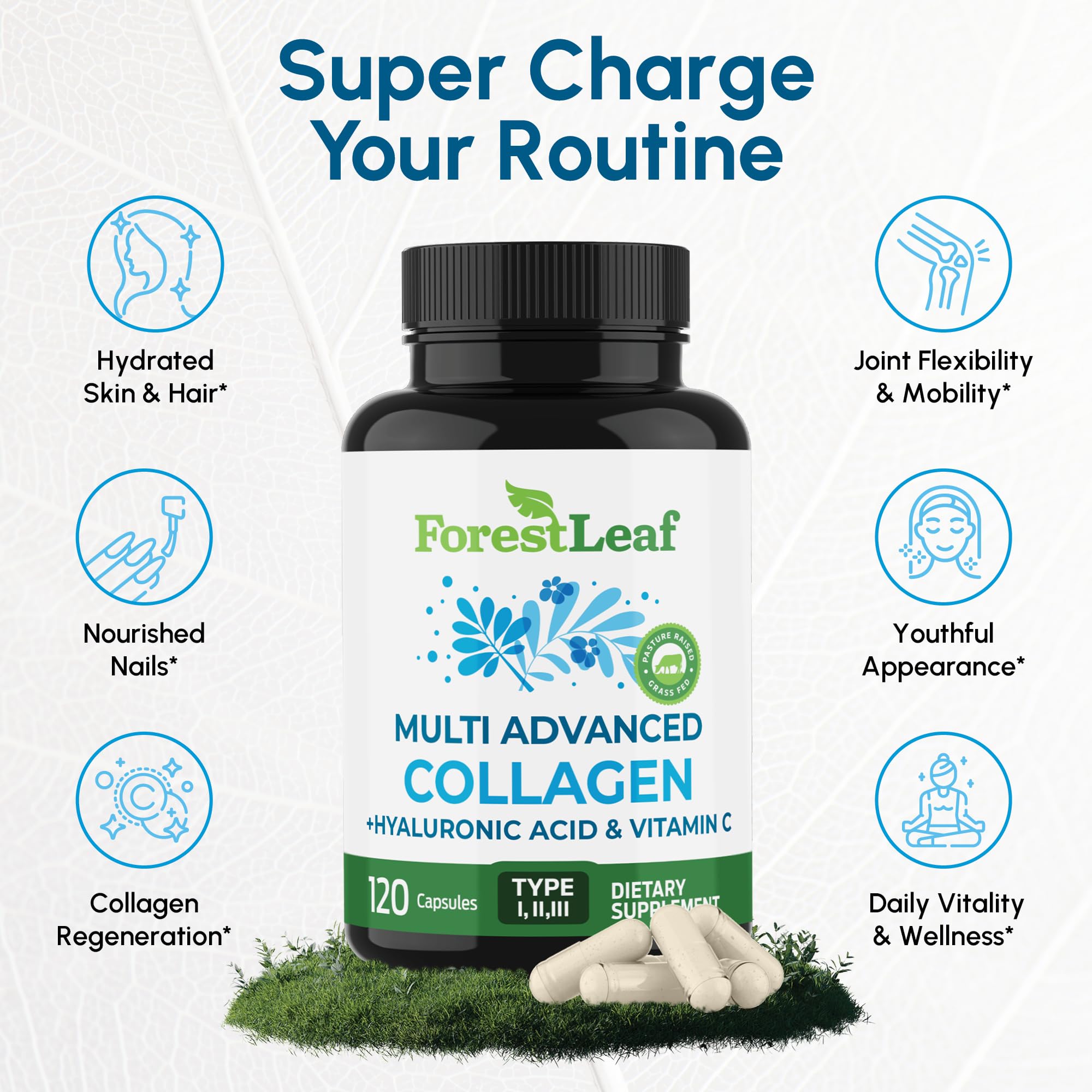 ForestLeaf Collagen Supplements for Women & Men Types I/II/III, 120 Caps | Hydrolyzed Bovine Multi Collagen Pills with Hyaluronic Acid and Vitamin C for Skin, Hair, Nails and Joint Support - USA Made