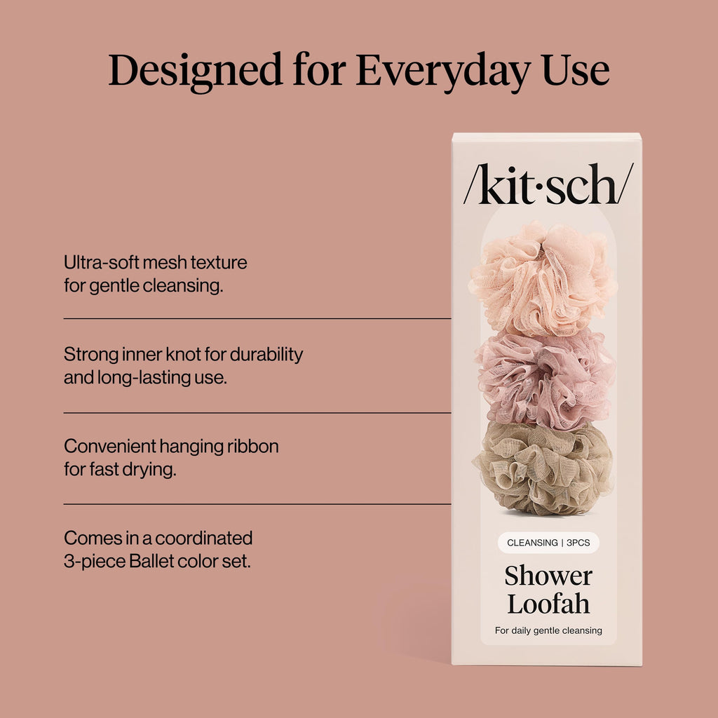 Kitsch Shower Loofah – Soft Mesh Body Scrubber & Bath Sponge - 3pc Set | for Daily Gentle Cleansing – Durable Loofah for Men and Women with Hanging Loop – Eco-Friendly, 100% PCR Material