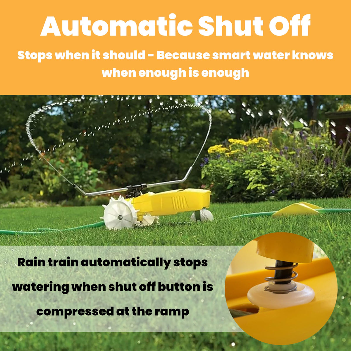 Nelson Rain Train 13,500 Square Feet Cast Iron Outdoor Lawn Traveling Water Sprinkler for Yard, and Garden, with Auto Shut Off, Yellow