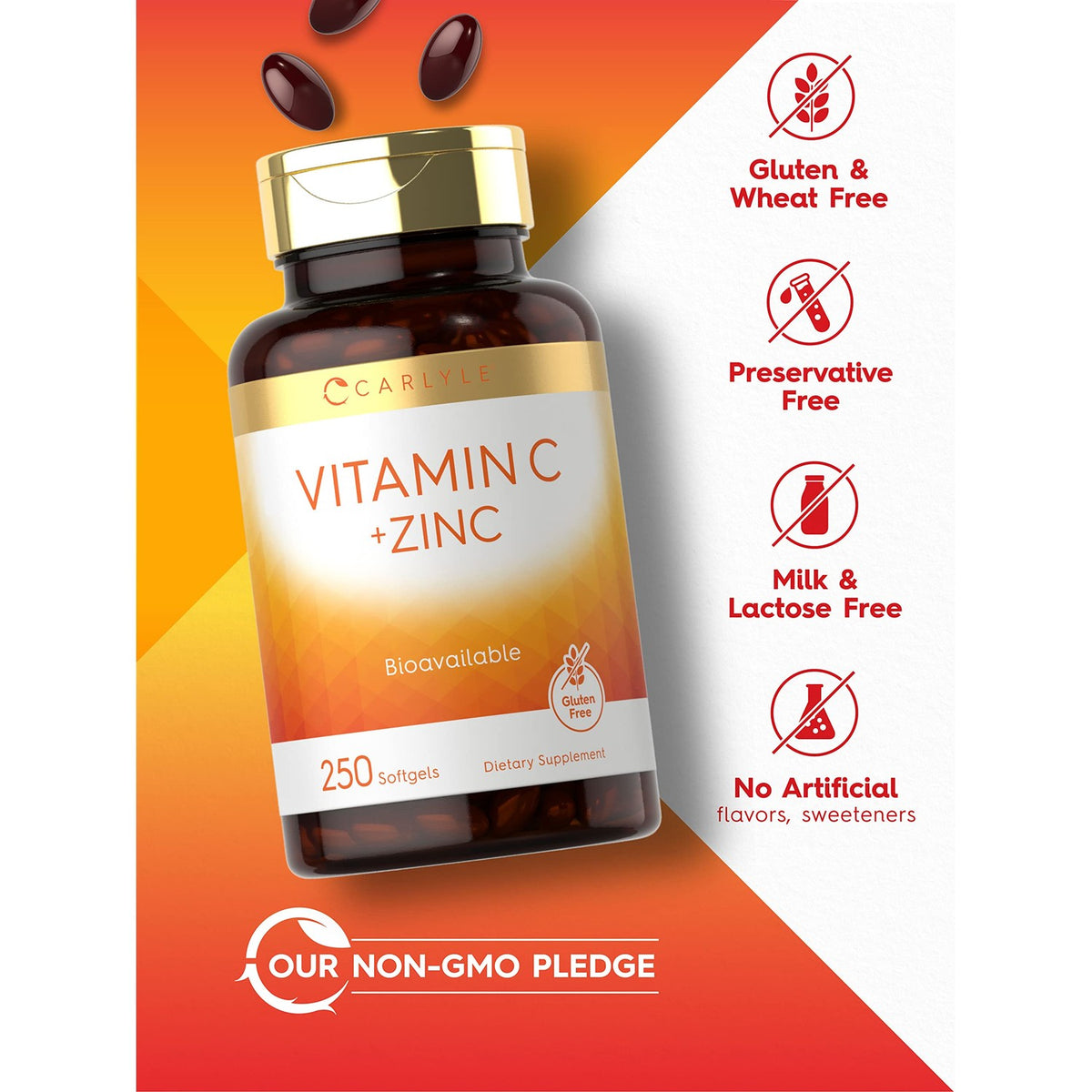 Carlyle Vitamin C with Zinc | 250 Softgels | Bioavailable | Ascorbic Acid