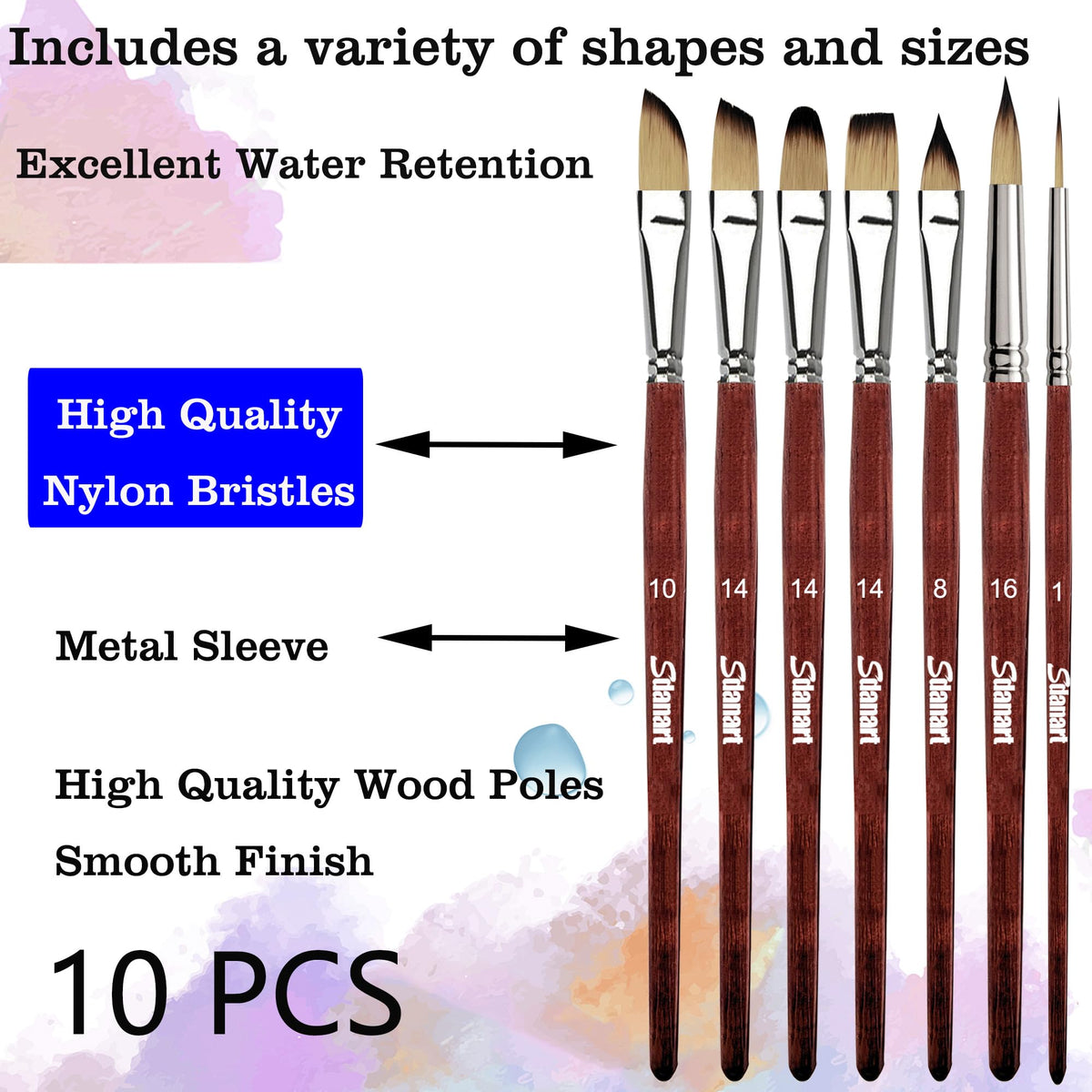 Sdanart Watercolor Brushes Professional，10 PCS Artist Paint Brush Shapes