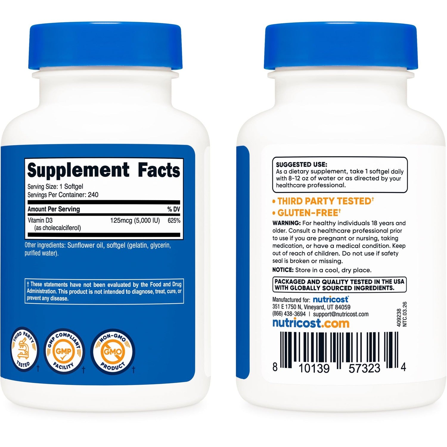 Nutricost Vitamin D3 5,000 IU (125mcg), 240 Softgels, GMO-Free | Gluten Free Vitamin D