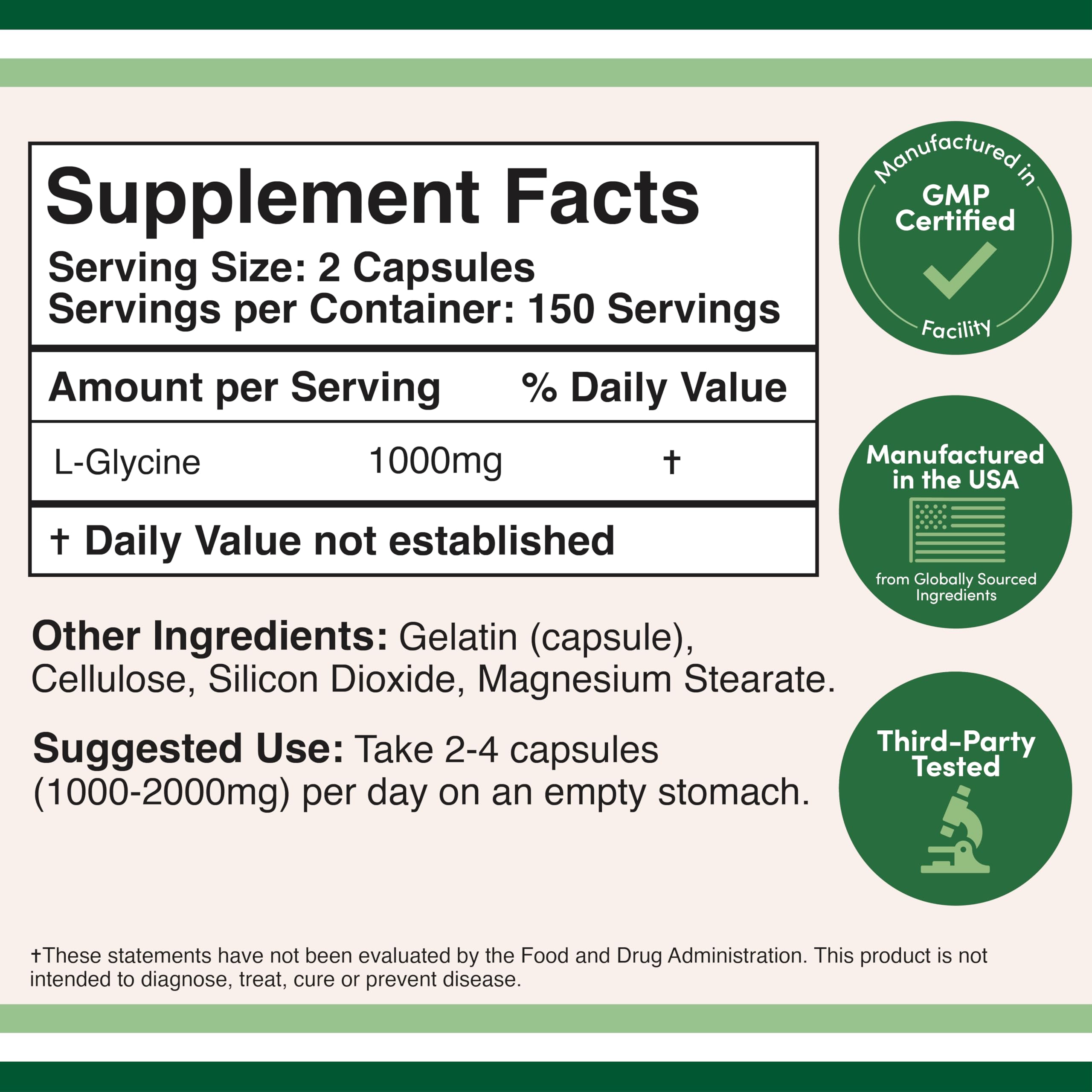 Glycine 500mg, Relaxing Amino Acid Supplement, Sleep Support, 300 Capsules | Restful Sleep + Relaxation Supplement, Fall + Stay Asleep, Wake Refreshed, Non-Habit-Forming, 2 Capsules Before Bed