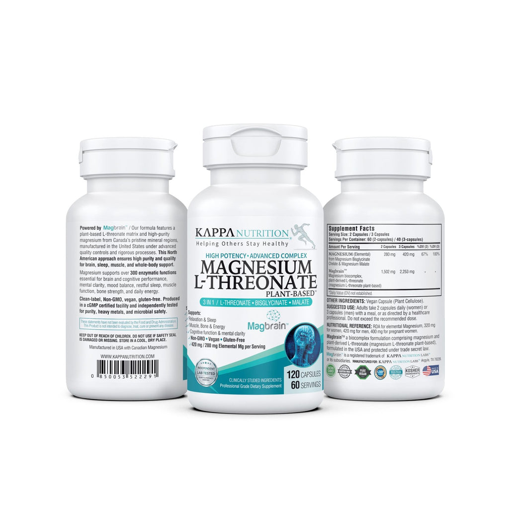 Kappa Nutrition Powered by Magbrain™ Magnesium L-Threonate Plant-Based, 420mg Elemental Magnesium (3 Capsules) from 2,253mg, 120 Vegan Capsules, Brain, Sleep & Muscle Support.