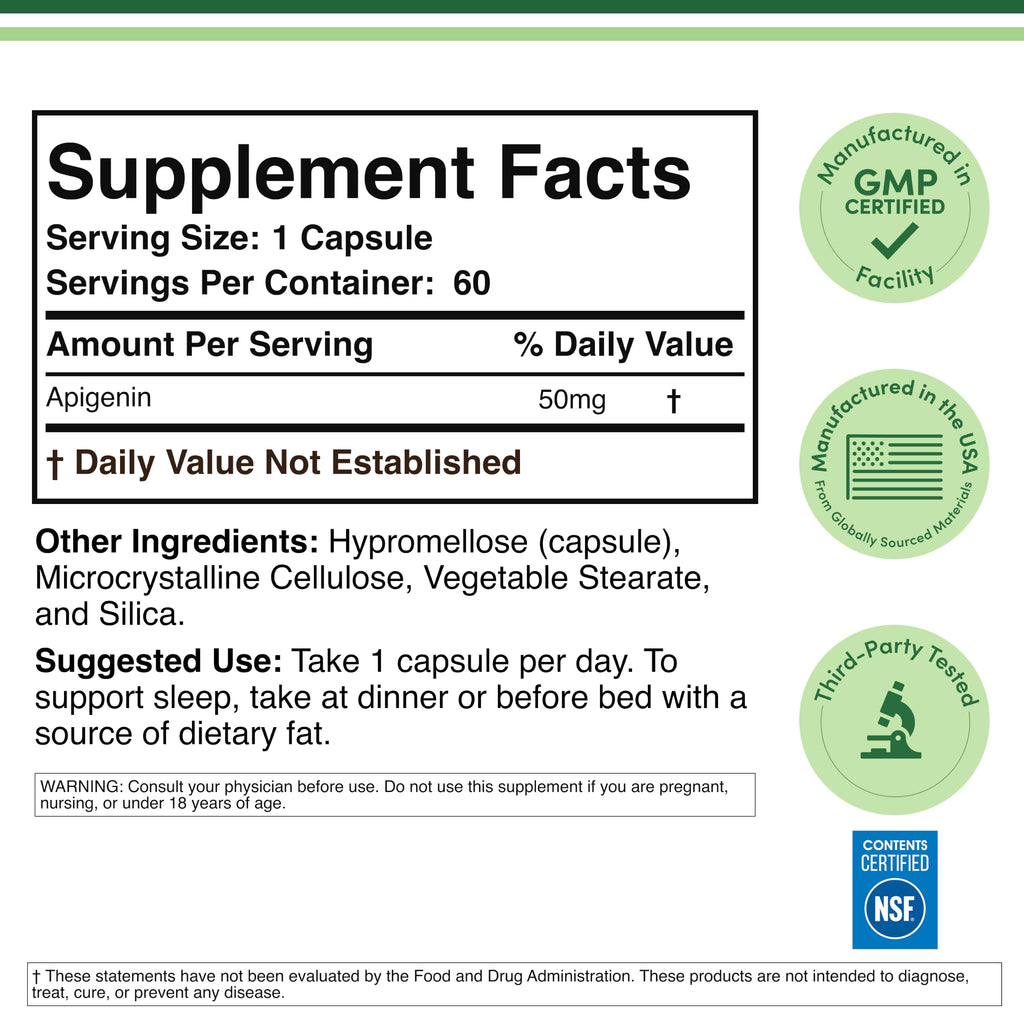 Apigenin 50mg, Chamomile Flavonoid, Daily Sleep + Relaxation, 60 Capsules | Daily Non-Habit-Forming Supplement for Calm + Restful Sleep, Hormonal Balance Support, 2-Month Supply, Third-Party Tested