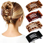 4 PCS Large Flat Hair Clips for Women Girls, French Concord Lay Down Claw Clips for Thick Thin Hair, Comfortable Curved Flat Clip, Leopard Print Stylish Strong Hold Hair Accessories, Tortoise