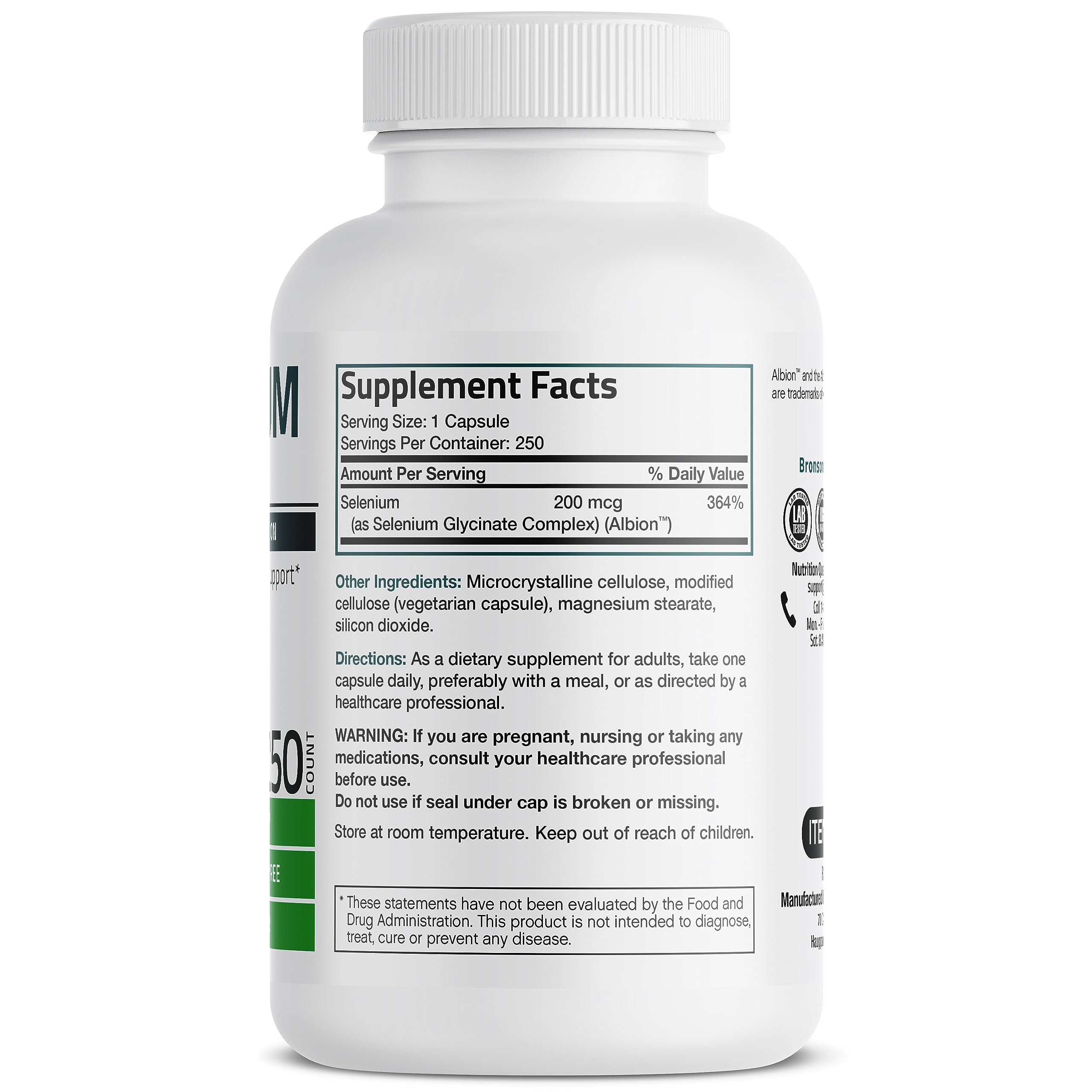 Bronson Selenium 200 mcg Albion Chelated Amino Acid Complex, 250 Capsules | Yeast-Free Essential Trace Mineral, Immune, Prostate & Metabolism Support, Vegetarian, Non-GMO, Gluten-Free & Soy-Free
