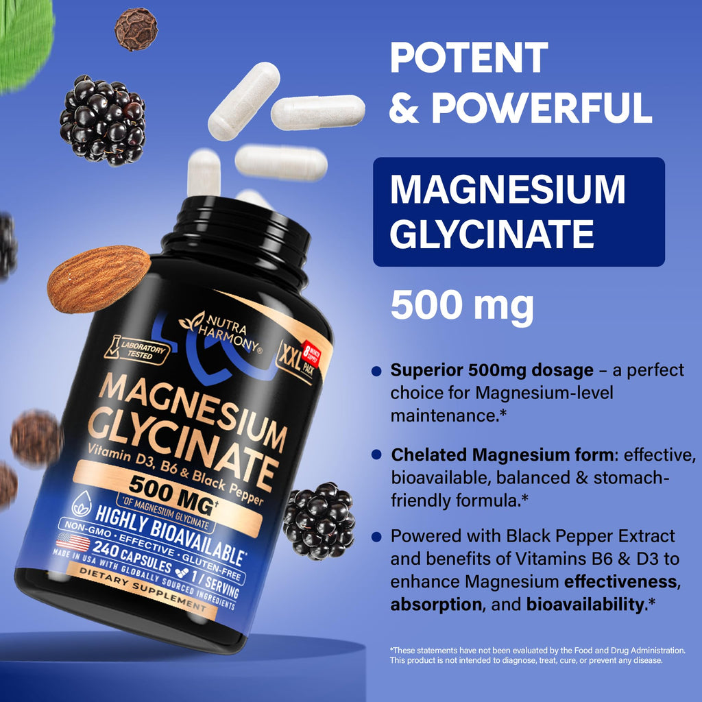 Magnesium Glycinate 500mg - VIT. B6 & D3 - Sleep, Muscle & Heart - 240 Caps | Magnesium Bisglycinate - Chelated High Absorption with Black Pepper - Magnesium for Women & Men - Lab Tested & Non-GMO
