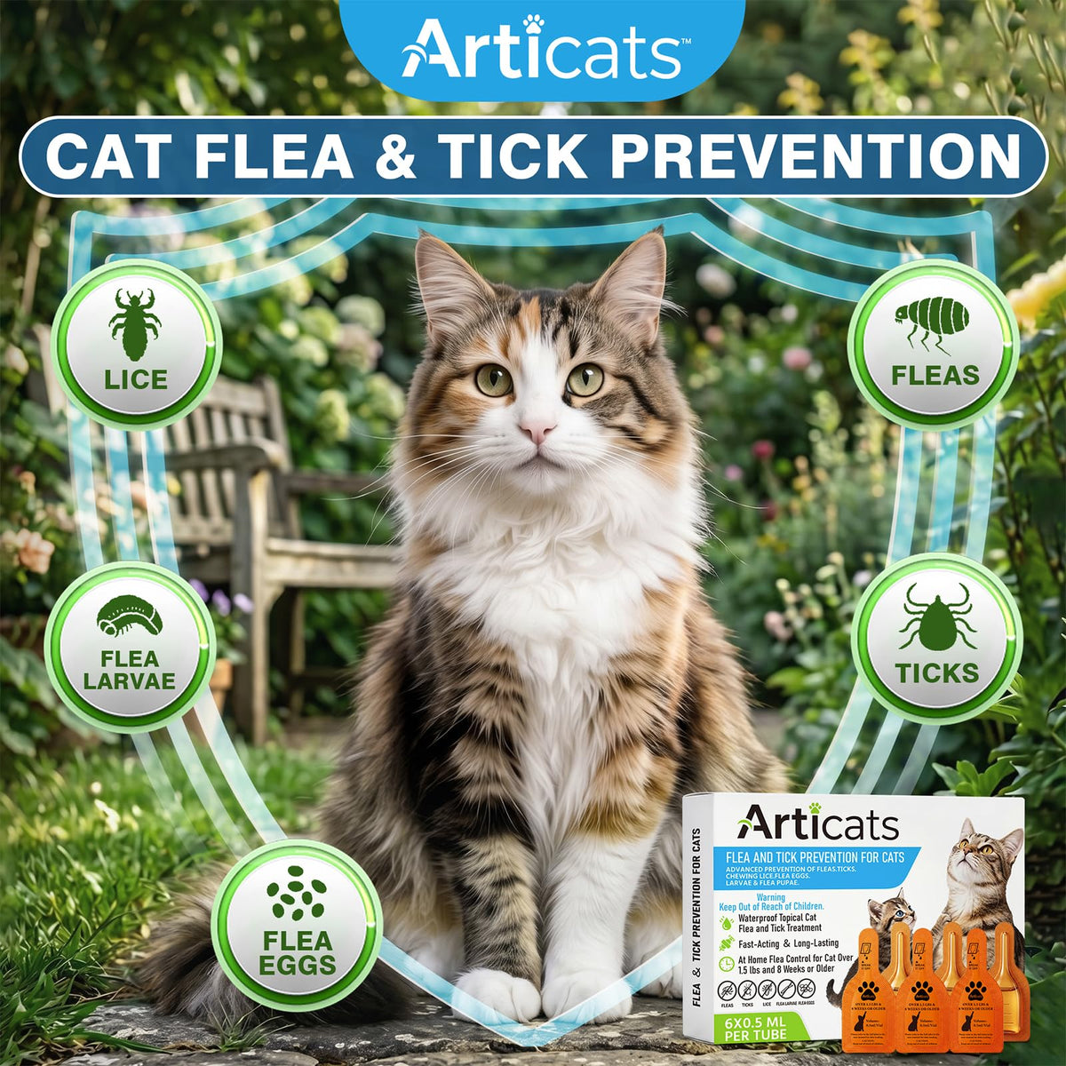 Flea and Tick Prevention for Cats & Kittens, Topical Cat Flea and Tick Treatment – Fast-Acting & Long-Lasting 6-Dose Supply