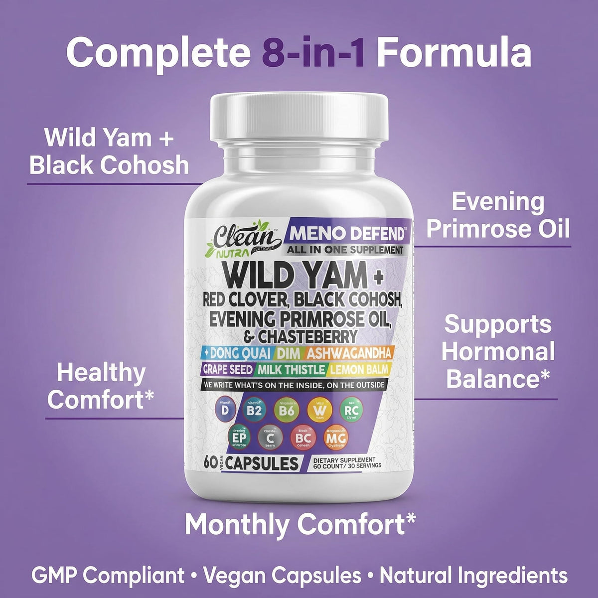 Clean Nutra Wild Yam Root Capsules with Red Clover Black Cohosh Evening Primrose Oil Chasteberry Dong Quai DIM Ashwagandha Grape Seed Extract Milk Thistle Lemon Balm and more Hormone Balance For Women