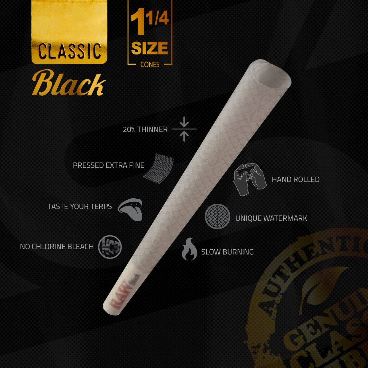 RAW Cones Black 1-1/4 Size 84 mm - 100 Pack of Pre Roll Rolling Paper
