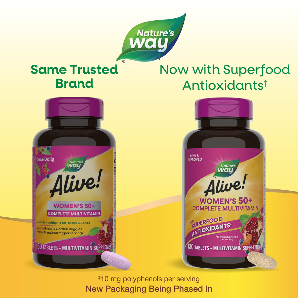 Nature's Way Alive! Women's 50+ Complete Multivitamins, Supports Healthy Heart, Brain, Bones*, Superfood Antioxidants, B-Vitamins, Gluten Free, 130 Tablets (Packaging May Vary),(Pack of 2)