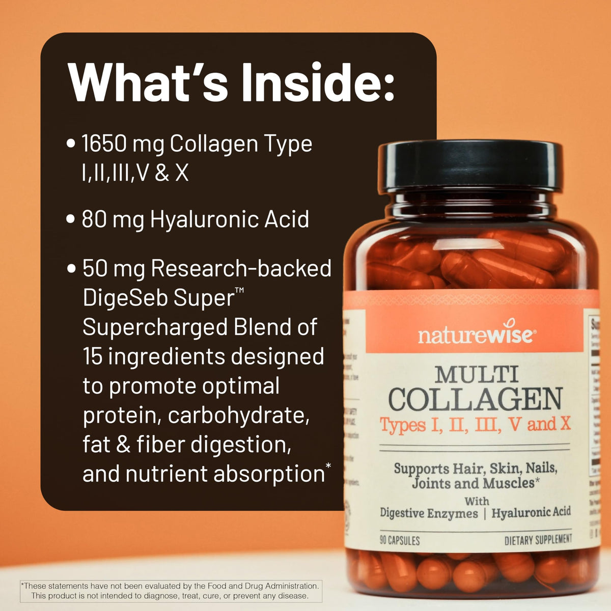 NatureWise Multi Collagen Peptides Pills for Women & Men - Type I, II, III, V, X w/Hyaluronic Acid - Supports Skin, Hair, Joint Health* - Grass Fed, Gluten Free, Non-GMO - 90 Capsules[30 Day Supply]