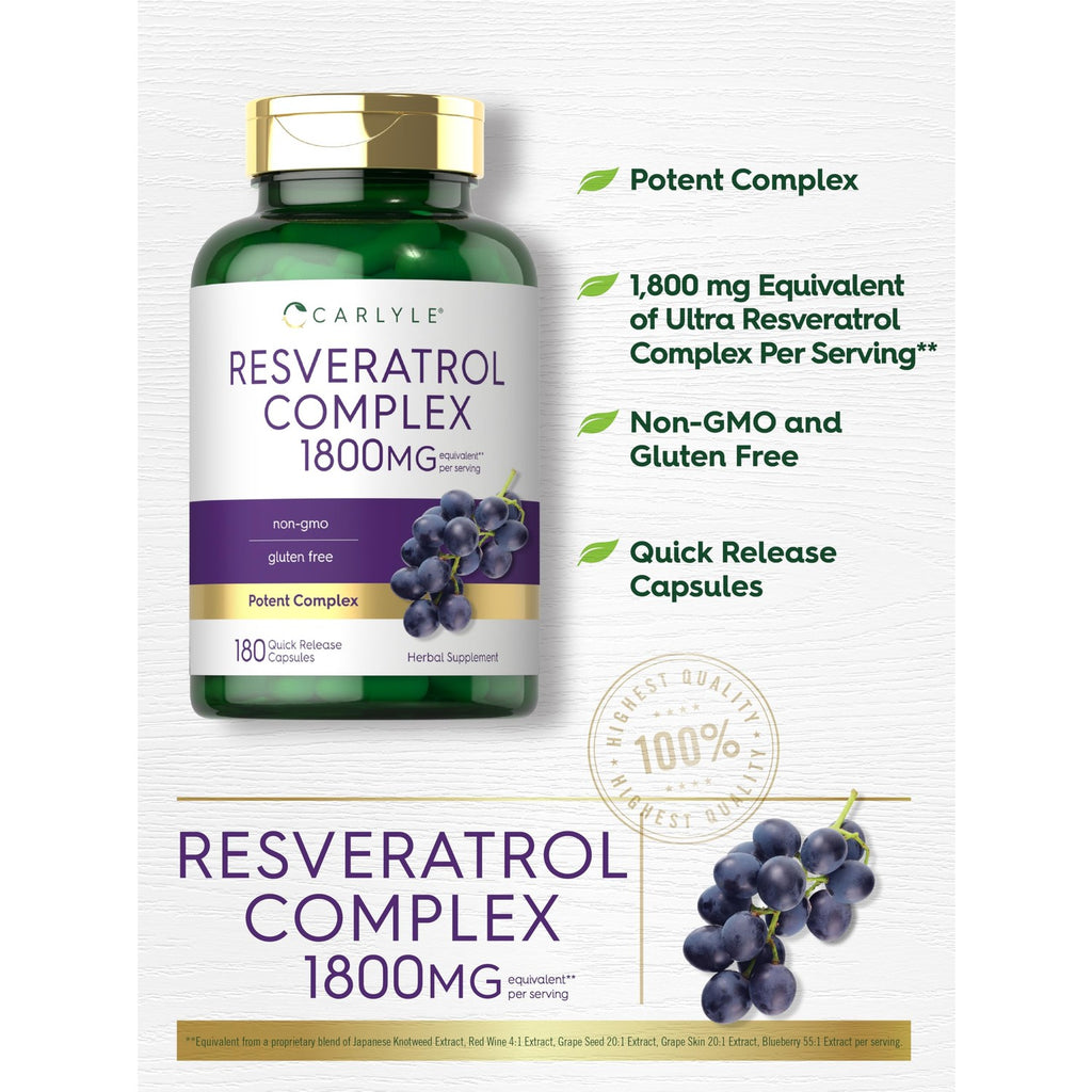 Carlyle Resveratrol Complex - 180 Capsules | Trans Resveratrol Supplement with Grape Seed Extract - Non GMO, Gluten Free