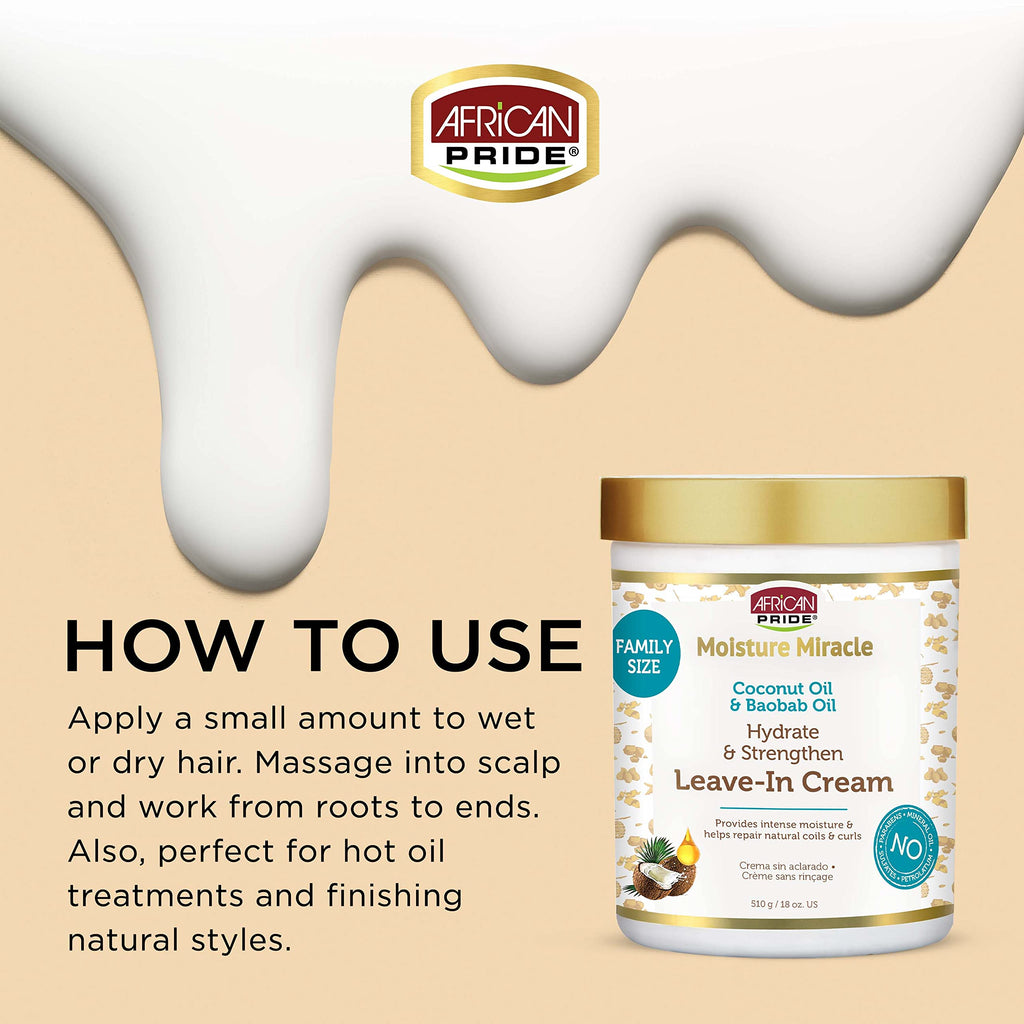 African Pride Moisture Miracle Coconut Oil & Baobab Oil Leave-In Hair Cream (3 Pack) - Provides Intense Moisture & Helps Repair Natural Coils & Curls, Hydrates & Strengthens, 18 oz