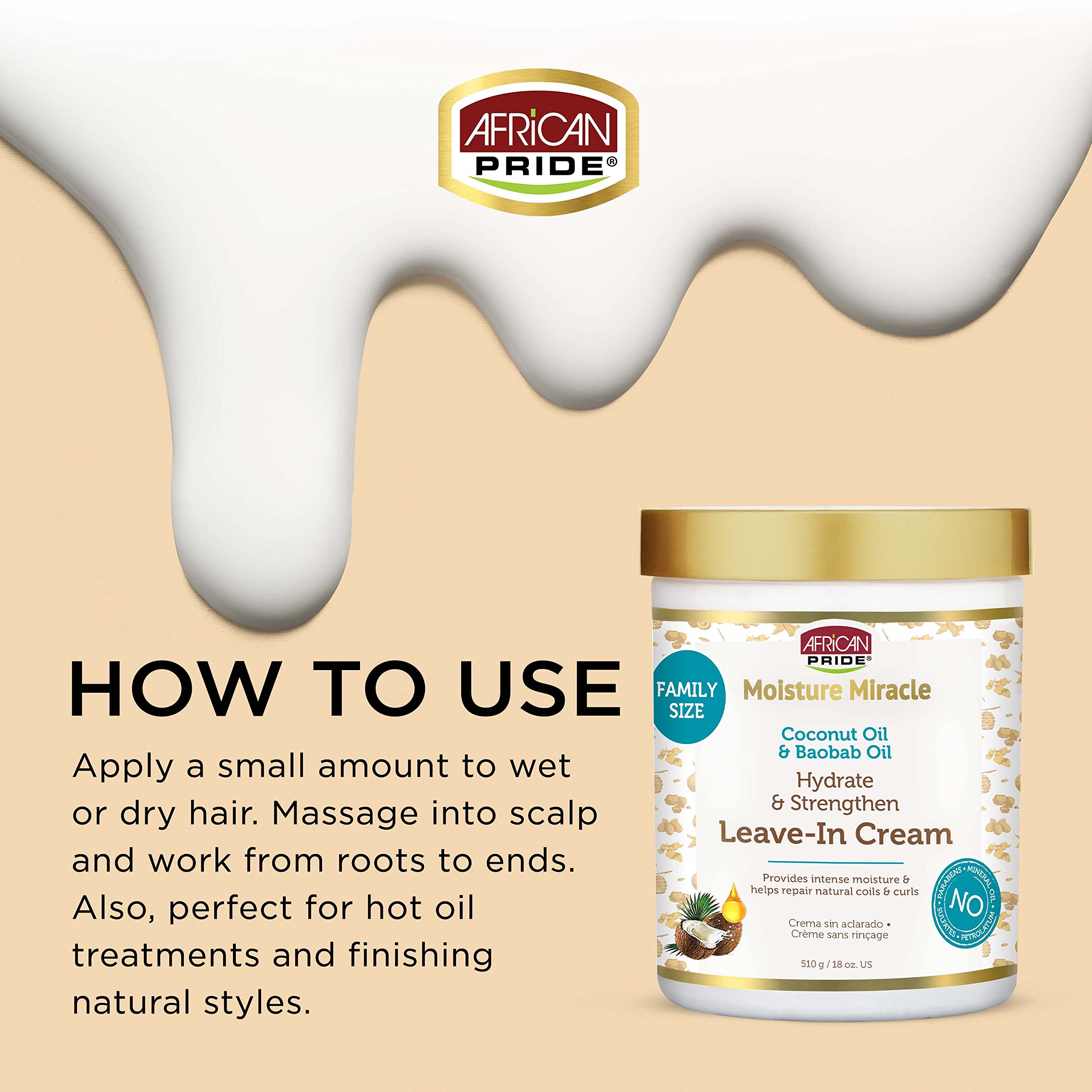 African Pride Moisture Miracle Coconut Oil & Baobab Oil Leave-In Hair Cream (3 Pack) - Provides Intense Moisture & Helps Repair Natural Coils & Curls, Hydrates & Strengthens, 18 oz