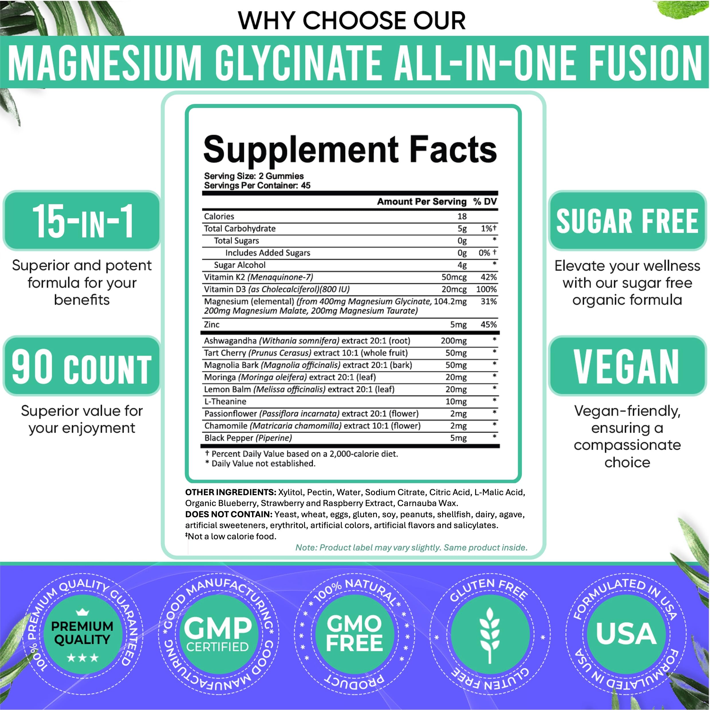 Adndale Magnesium Glycinate 400 mg Gummies with Ashwagandha, Magnesium Malate & Taurate, Tart Cherry, Magnolia Bark, Lemon Balm, Passionflower, Chamomile, L-Theanine, Zinc, Vitamin K2 & D3. 180CT