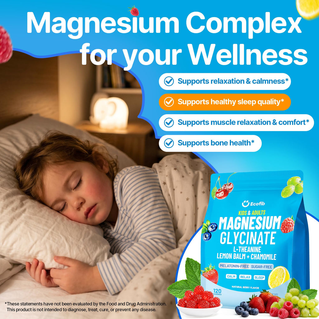 Magnesium Glycinate Gummies 200mg for Kids & Adults, Sugar-Free, 120 Ct