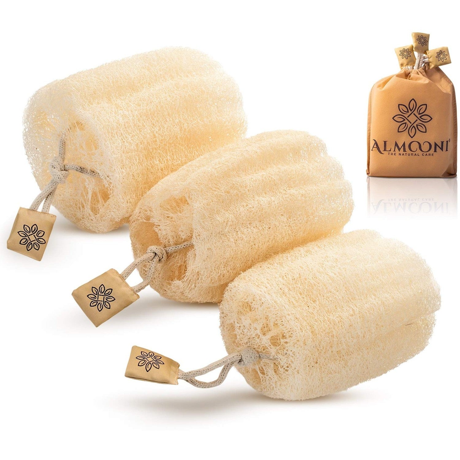ALMOONI Natural Loofah Body Scrubber, Egyptian Loofah Sponge, 3 Count | Natural Egyptian Loofah Sponge, Round Shape Shower Sponge for Face & Body, Men & Women, Gentle Exfoliation, Large Size