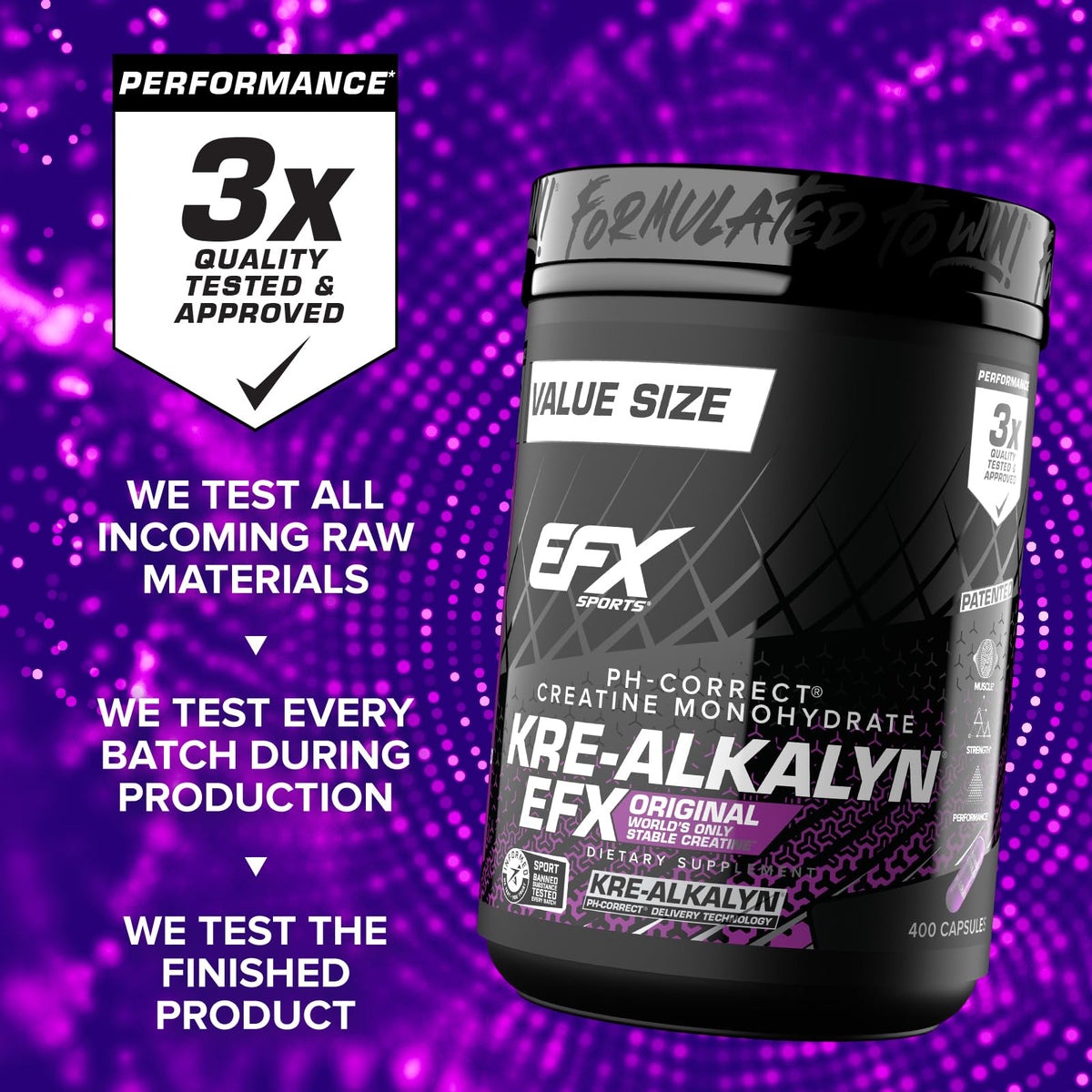 EFX Sports Kre-Alkalyn EFX | pH Correct Creatine Monohydrate Pill Supplement | Strength, Muscle Growth & Performance | 200 Servings, 400 Capsules