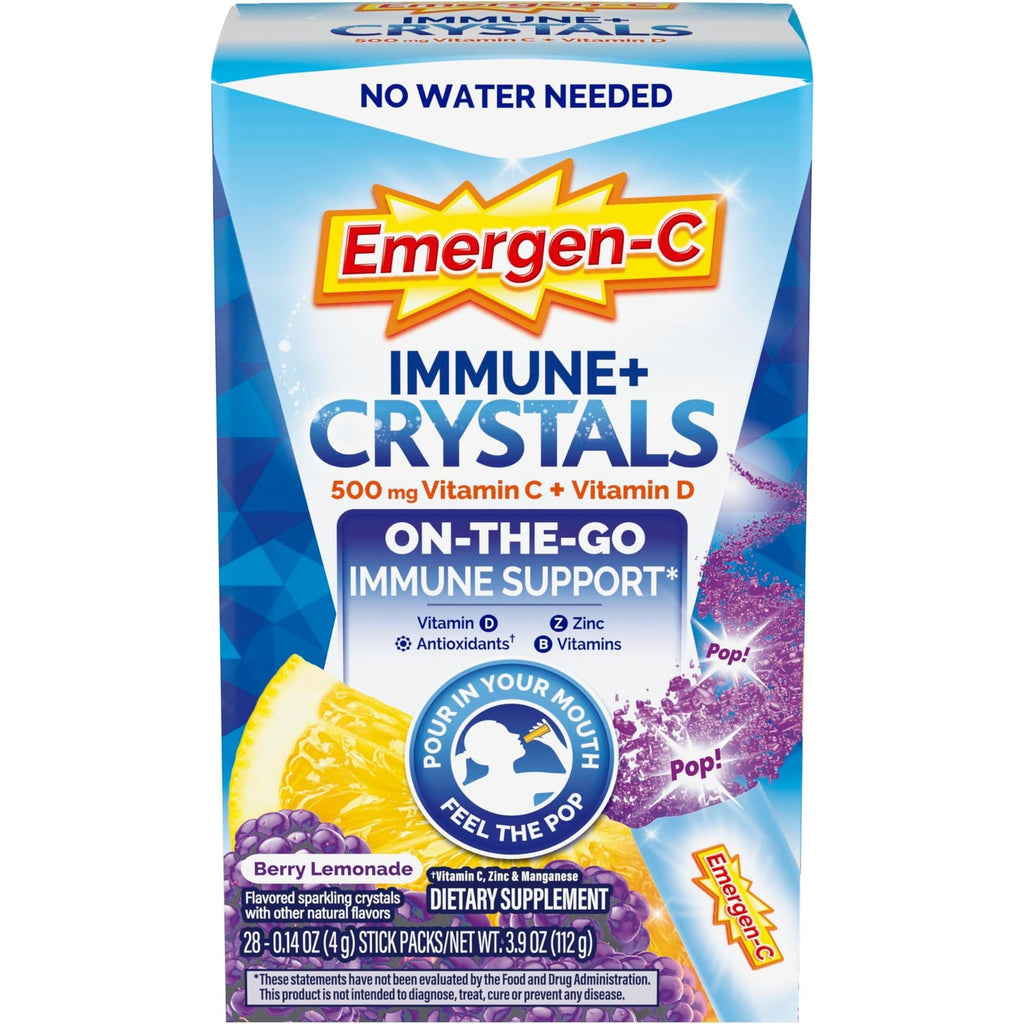 Emergen-C Immune Plus Crystals, On-the-Go Immune Support Supplement with Vitamin C, Vitamin D, B Vitamins, Zinc and Manganese, Berry Lemonade, Back to School Essentials - 28 Stick Packs