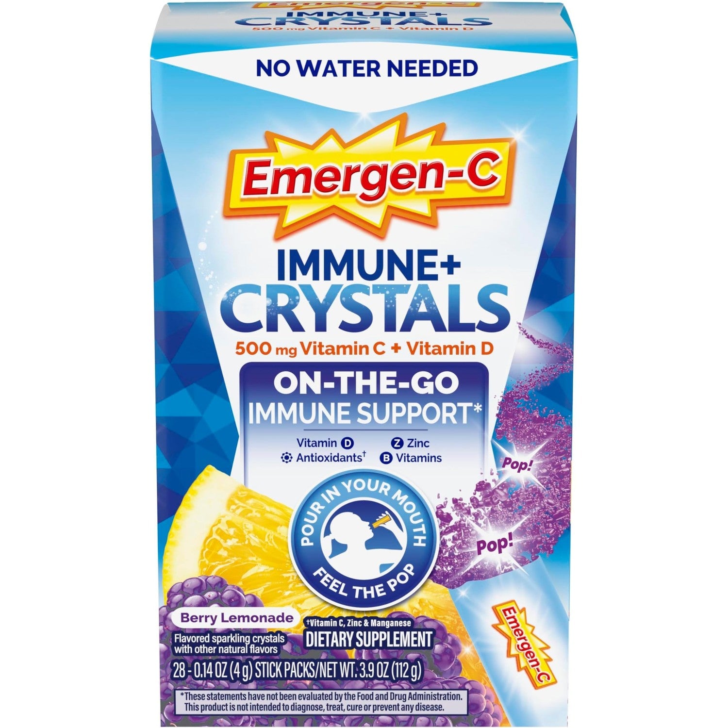 Emergen-C Immune Plus Crystals, On-the-Go Immune Support Supplement with Vitamin C, Vitamin D, B Vitamins, Zinc and Manganese, Berry Lemonade, Back to School Essentials - 28 Stick Packs