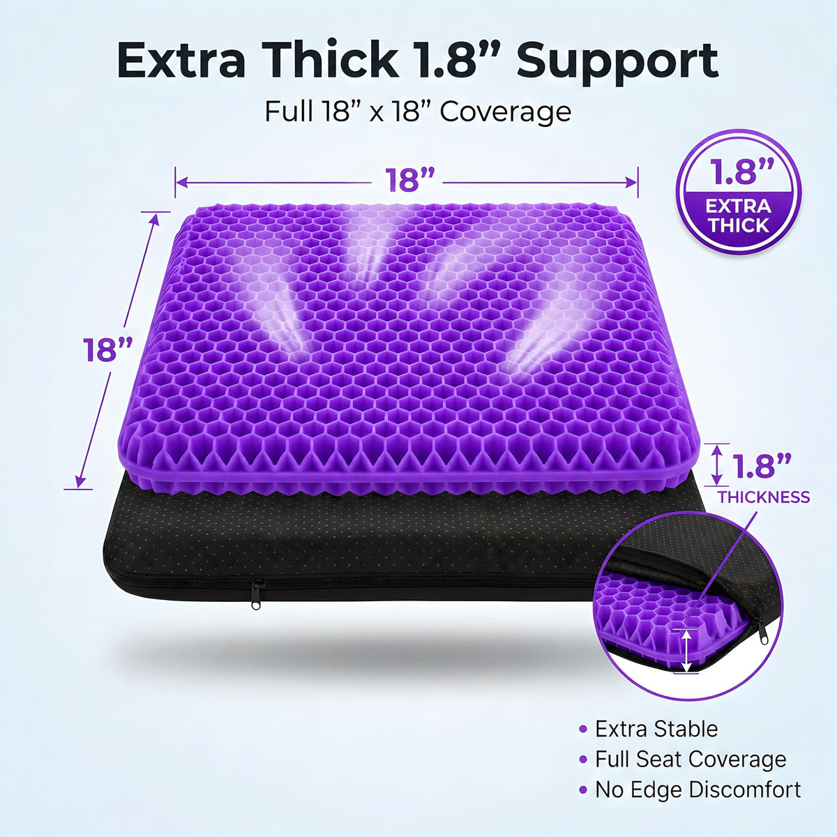 Extra Thick Large Pure Gel Seat Cushion for Long Sitting, Breathable Comfort Cushion for Back, Sciatica, Tailbone & Hip Pain Relief, Washable Portable Cushion for Office Chair, Car, Wheelchair