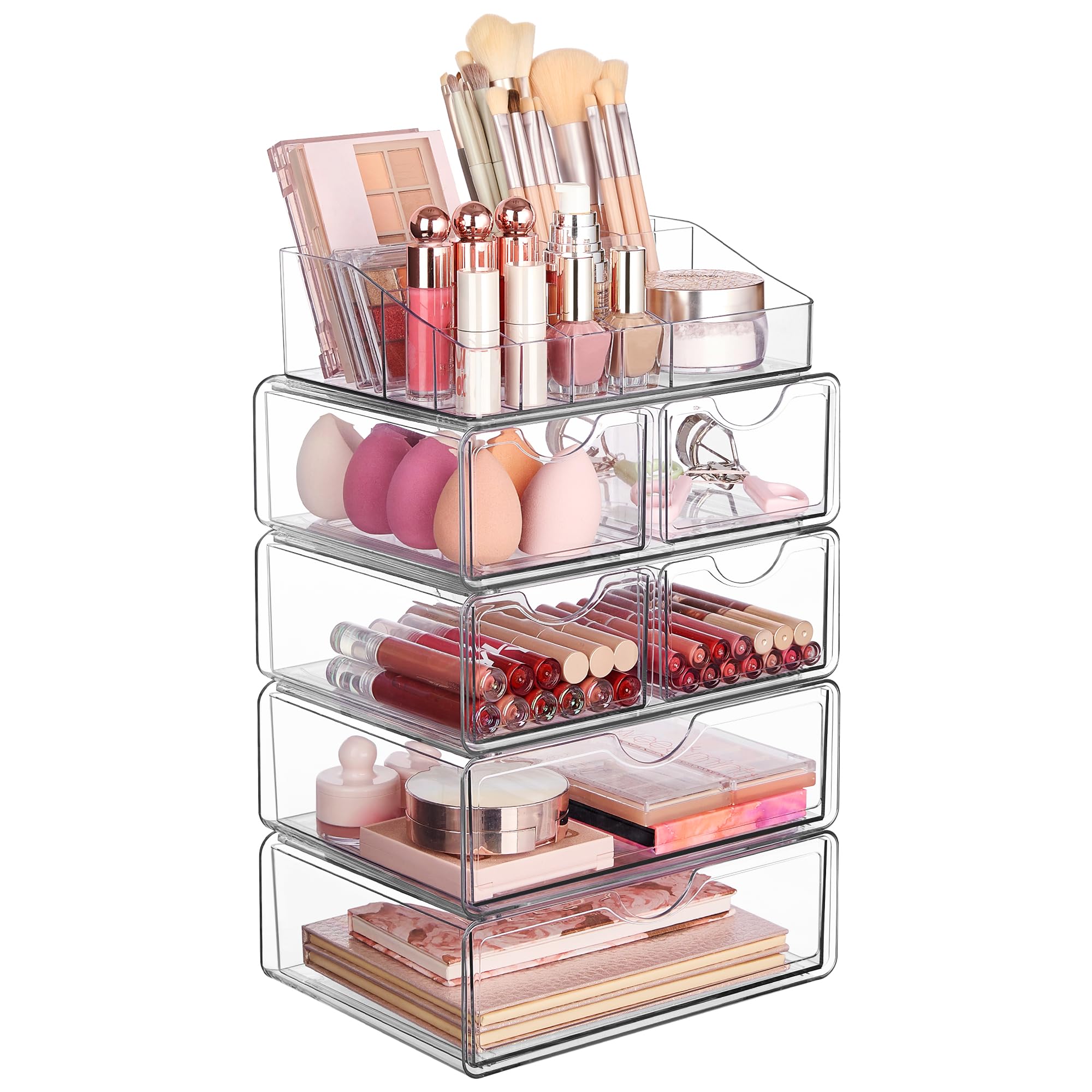 Vtopmart 5 Tier Clear Makeup Organizer with 6 Drawers | Smart Storage Layout, Clear for Better Visibility, Stackable, Large Capacity, for Makeup Lipstick Brush Skincare