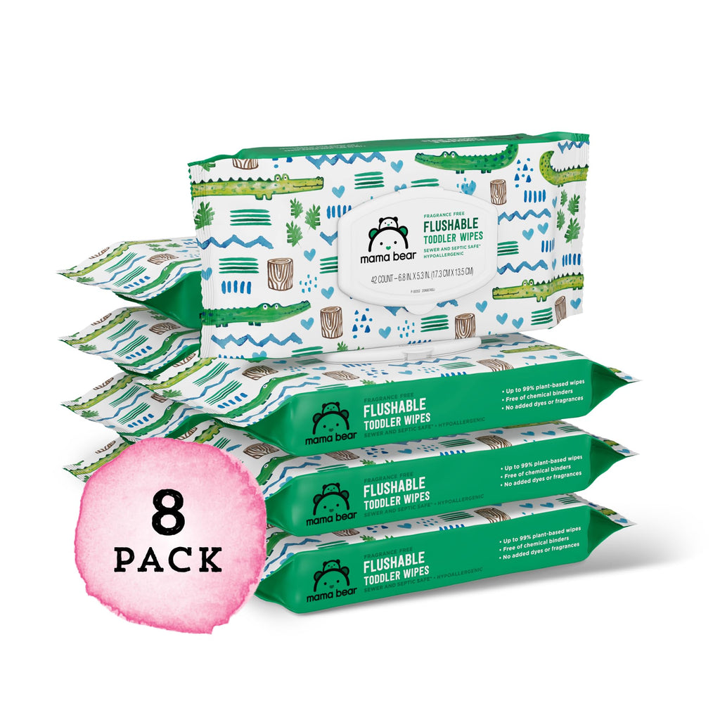 Amazon Brand - Mama Bear Flushable Toddler Toilet Wipes, Unscented, Formulated without Fragrance, Hypoallergenic, Septic Safe, 336 Count, 8 Packs of 43