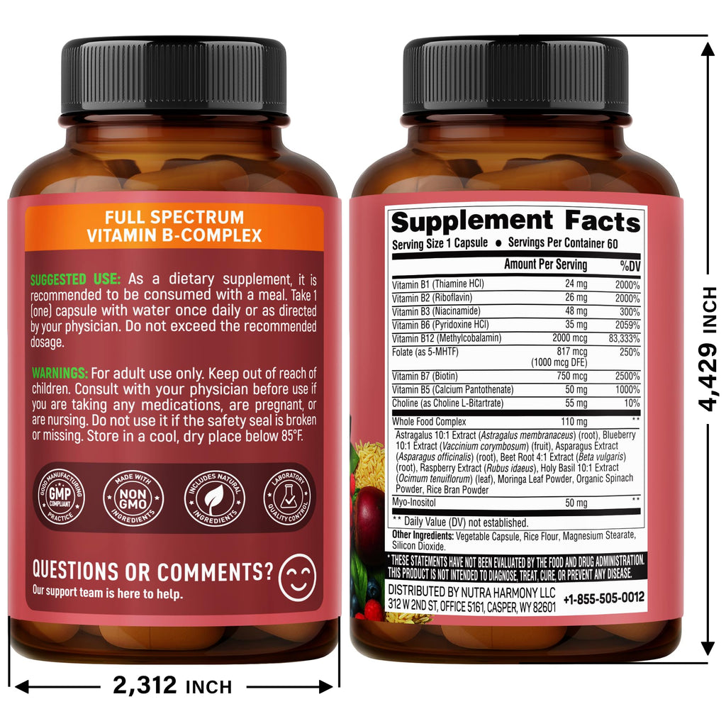 Vitamin B Complex: B1, B2, B3, B5, B6, B7, B12, 5MTHF + Whole Food - 60Caps