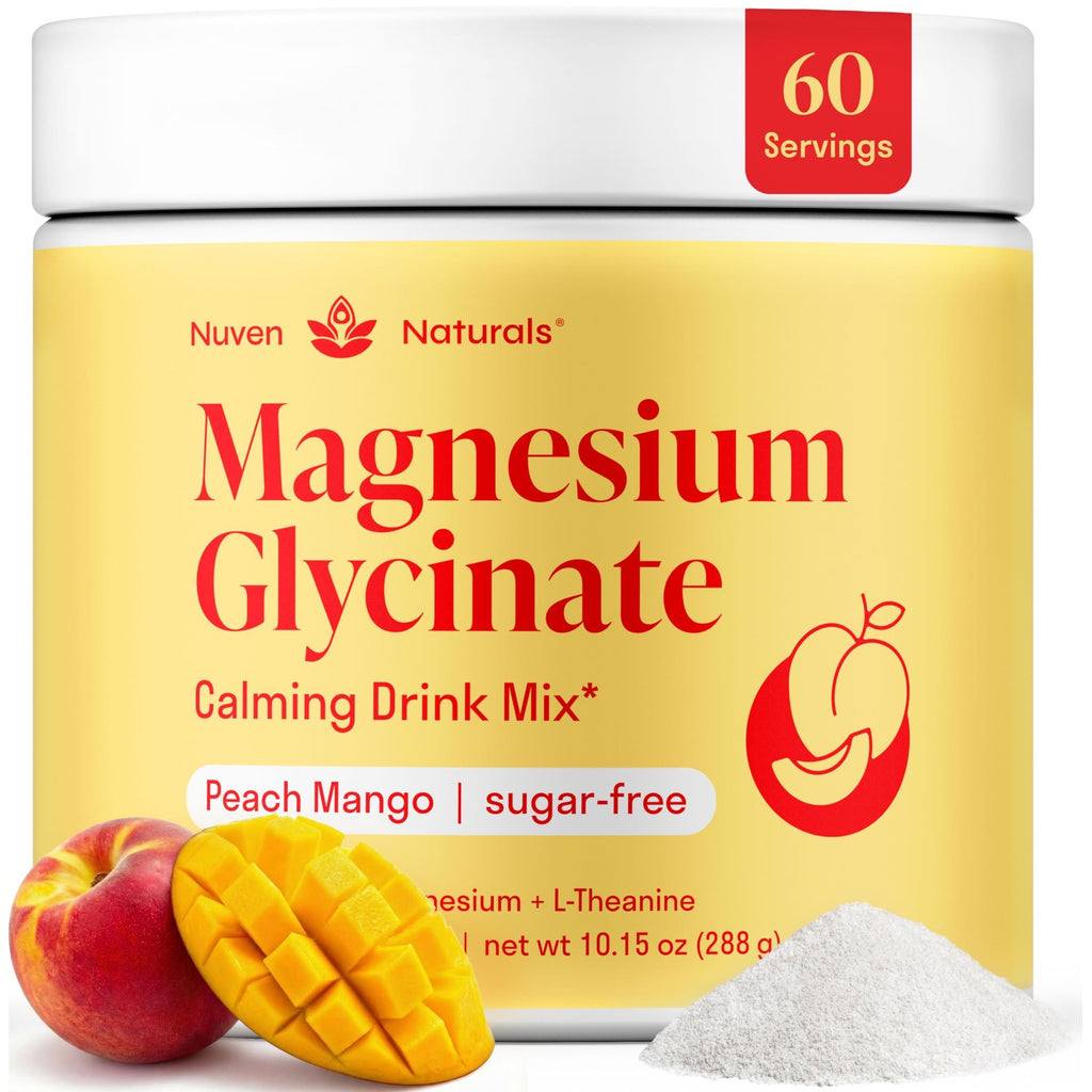 Magnesium Glycinate Powder + L Theanine, 60 Servings, 300mg, Peach Mango | Support Restful Sleep & Relaxation, Sugar-Free High Absorption Magnesium Powder, Calming Drink Mix, Chelated Magnesium Powder