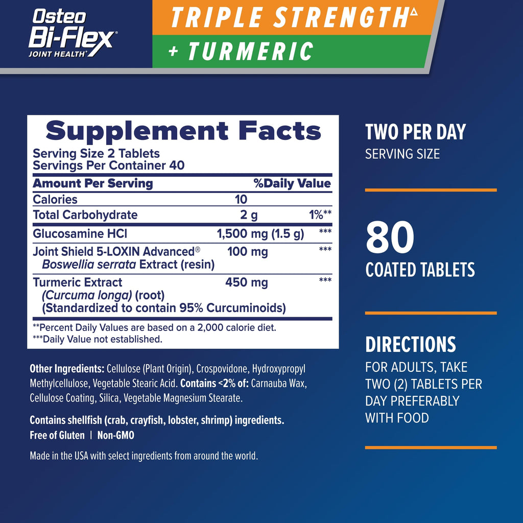 Osteo Bi-Flex Triple Strength Glucosamine Supplement with Turmeric Extract | Improve Joint Function, Antioxidant Power, 80 Coated Tablets